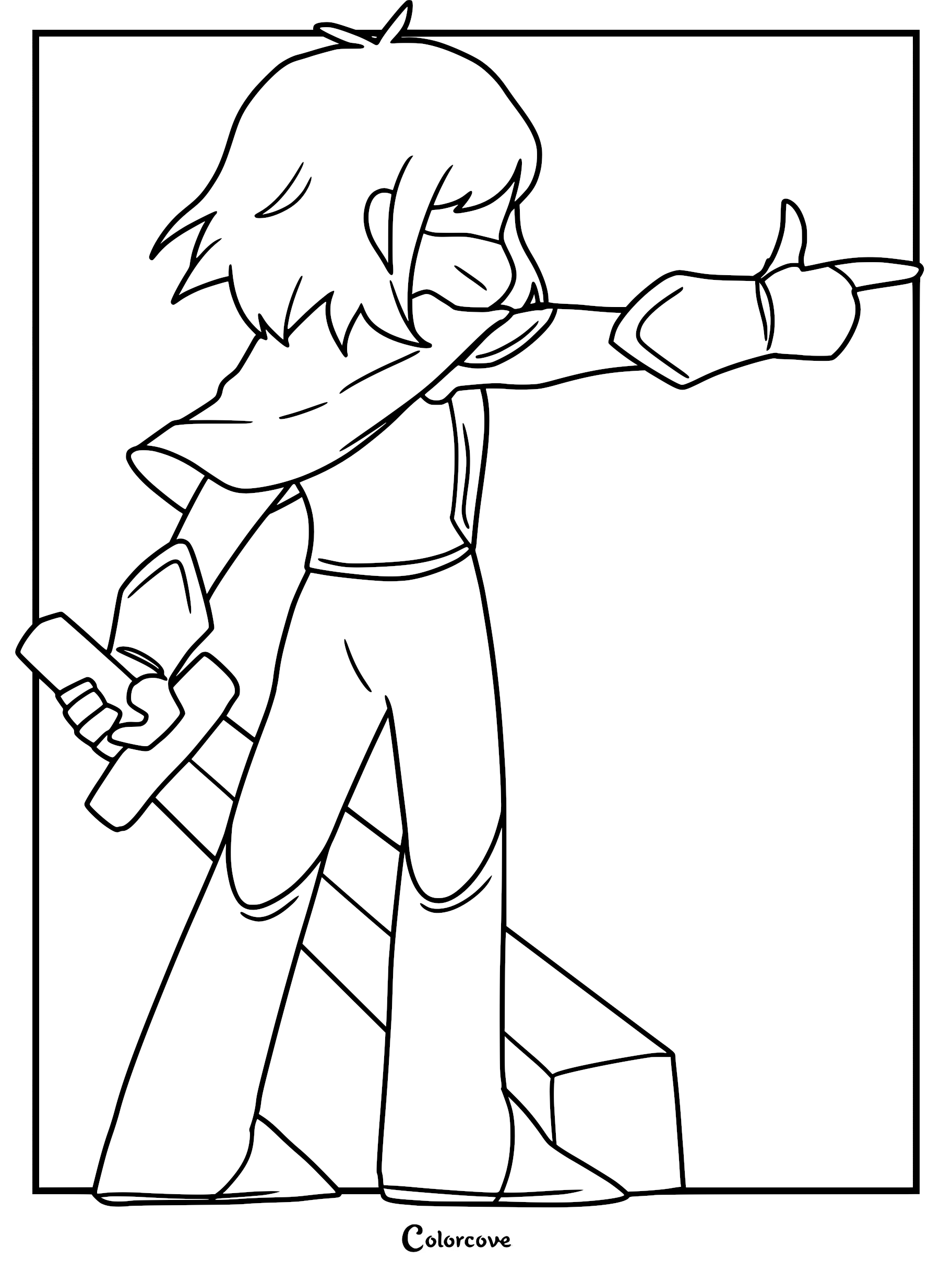 Kris from Deltarune pointing forward while holding a sword in this printable coloring page.