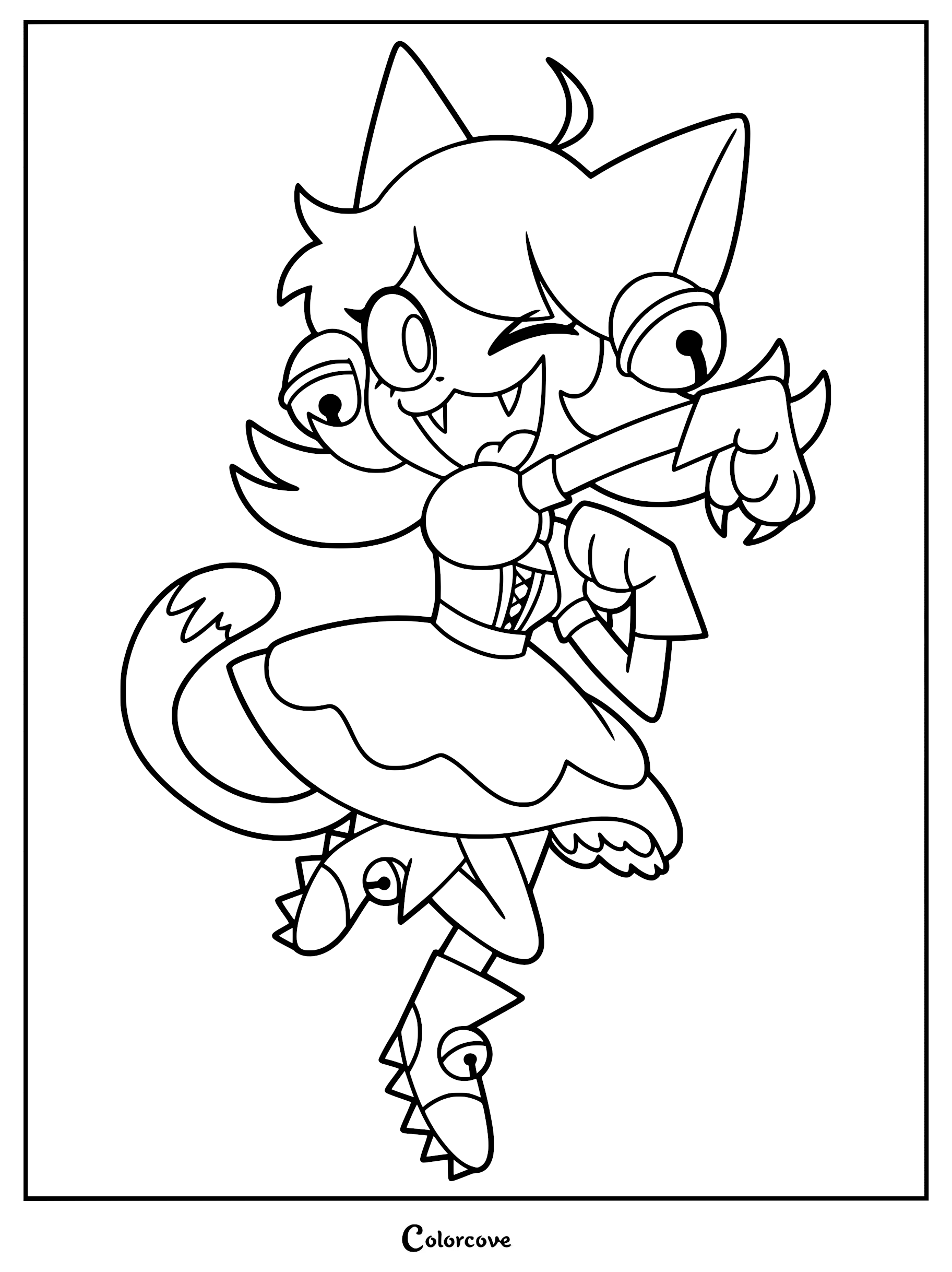 Mad Mew Mew striking a dynamic pose with a wink, featuring her signature cat ears, bell accessories, and frilly dress in this printable coloring page.