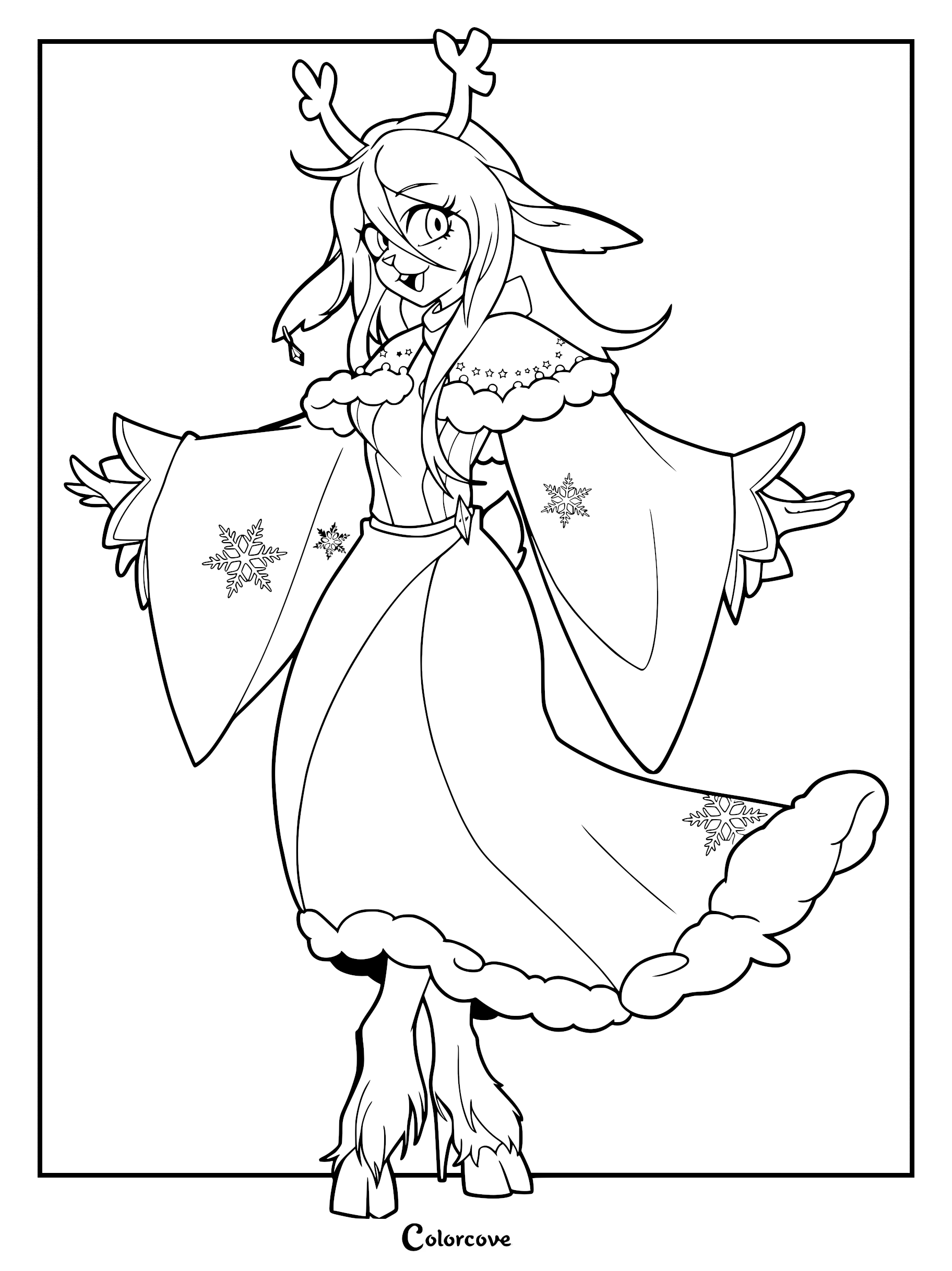 Noelle Holiday from Deltarune wearing her festive winter outfit with snowflake patterns, presented as a printable coloring page.