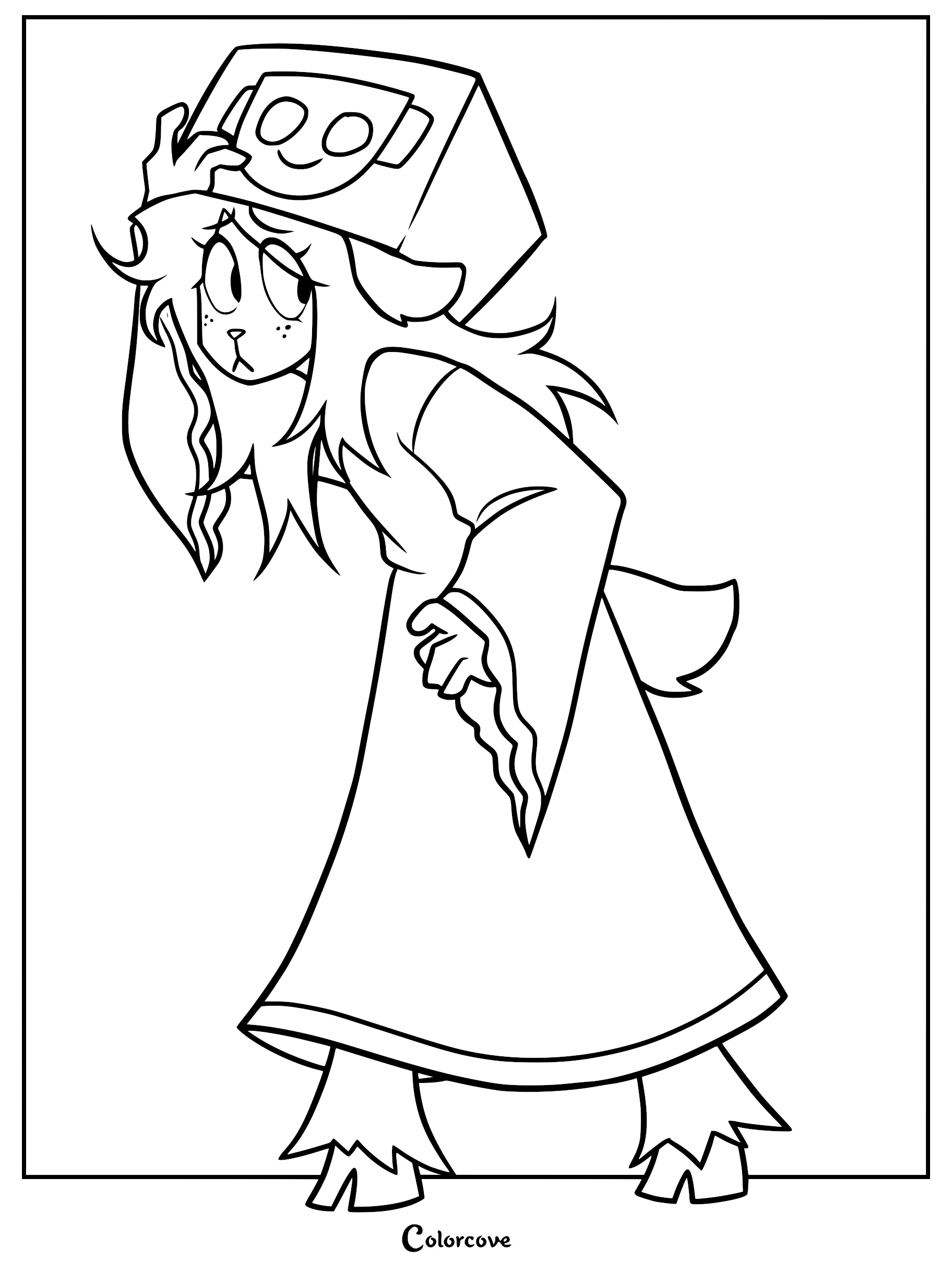 Noelle Holiday from Deltarune wearing a cardboard box on her head as a mask in this printable coloring page.
