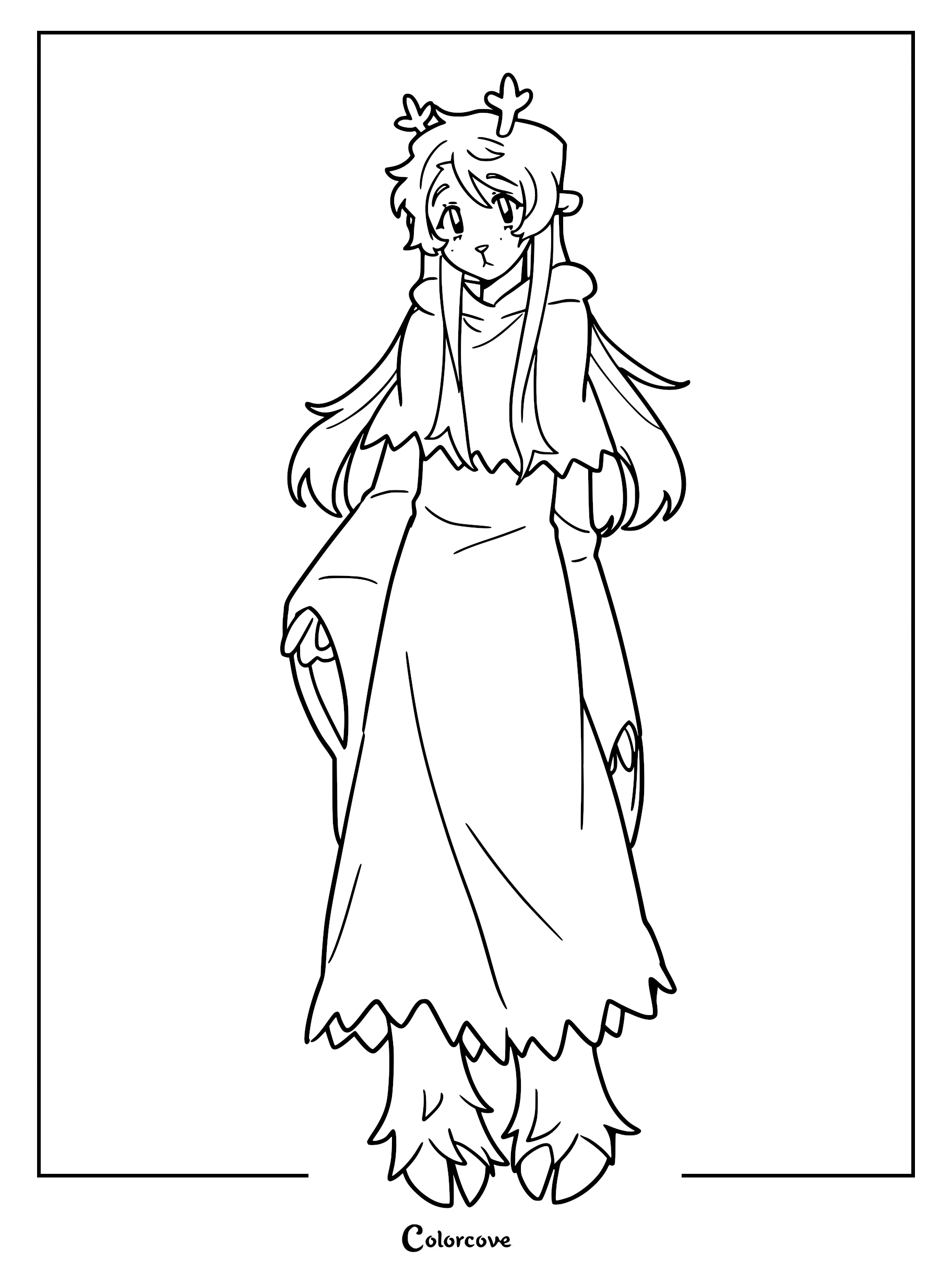 A line art coloring page of Noelle Holiday from Deltarune, wearing her long hooded cloak and standing with her deer antlers visible.