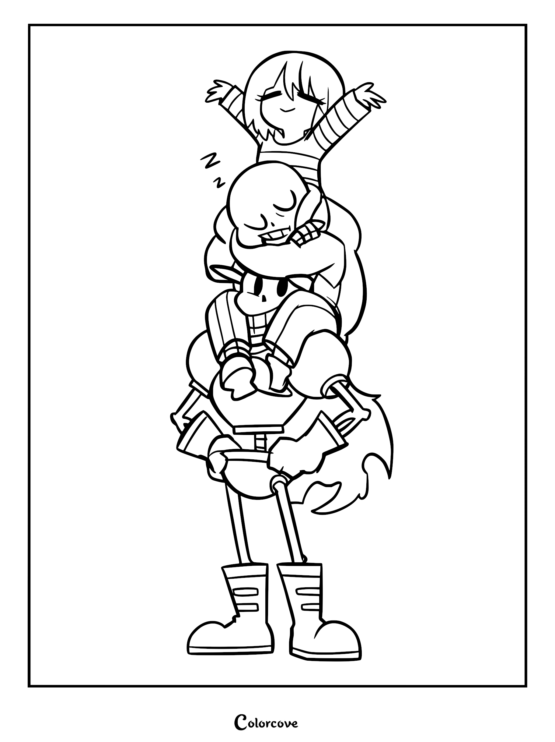A printable coloring page featuring Papyrus standing tall while carrying a sleeping Sans on his shoulders, with Frisk sitting happily on top of Sans's head.