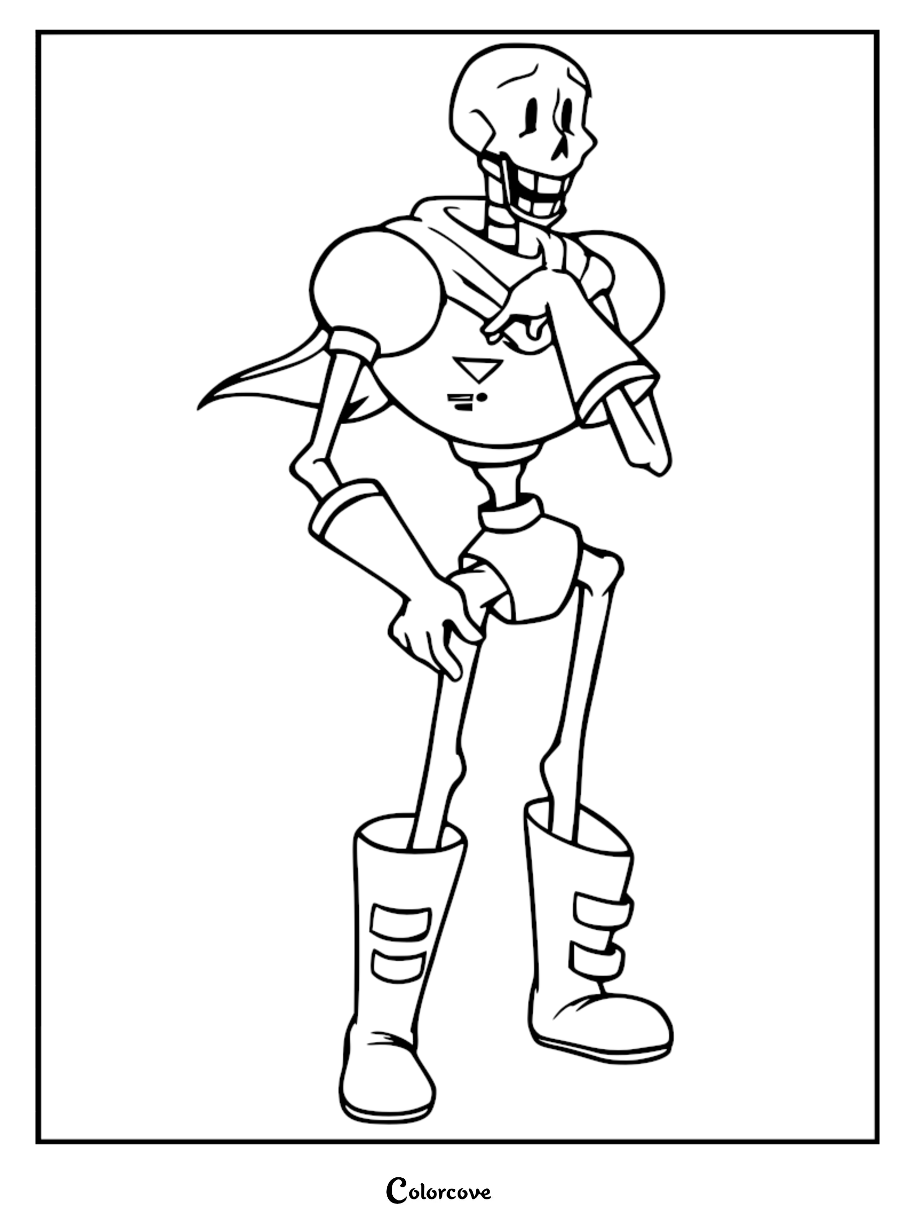 A printable coloring page featuring Papyrus from Undertale standing in his signature battle body armor, cape, and boots with a confident pose.
