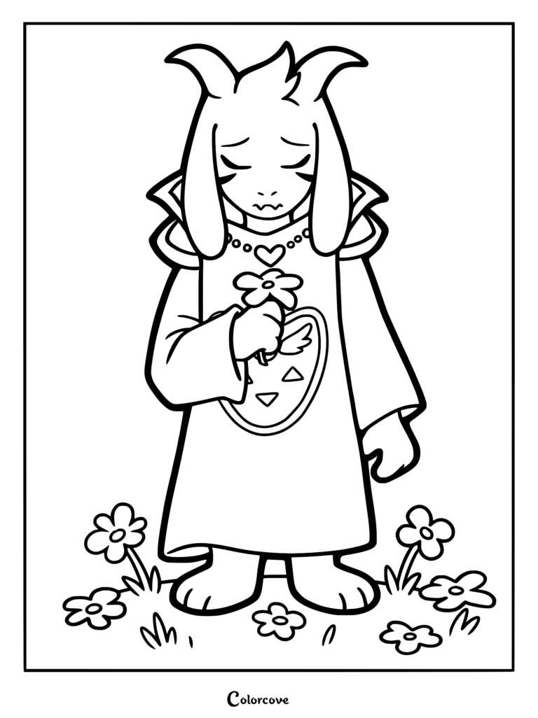 Asriel Dreemurr standing in a field of flowers, looking down with a sad expression while holding a single flower in this Undertale coloring page.