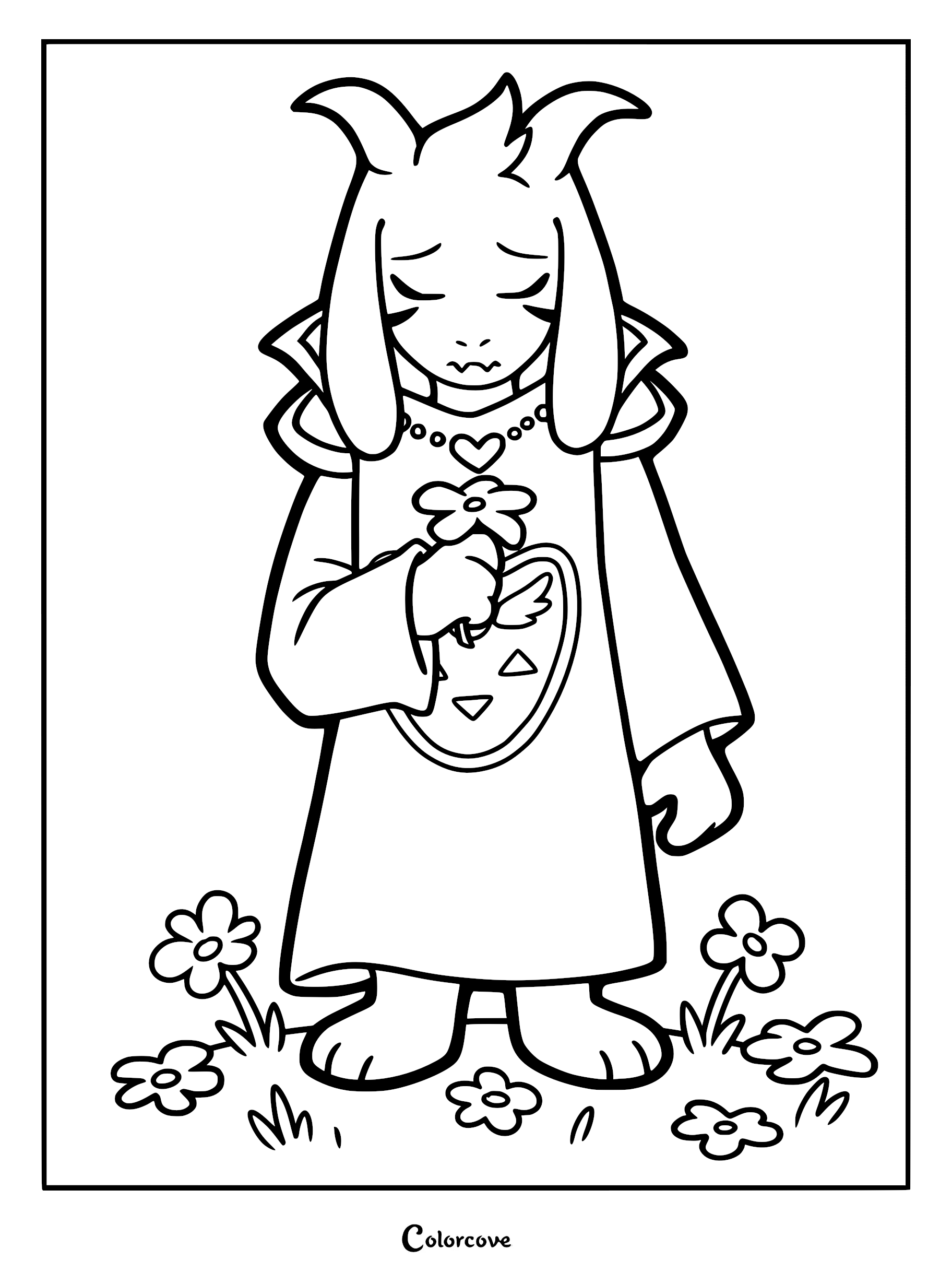 Asriel Dreemurr standing in a field of flowers, looking down with a sad expression while holding a single flower in this Undertale coloring page.