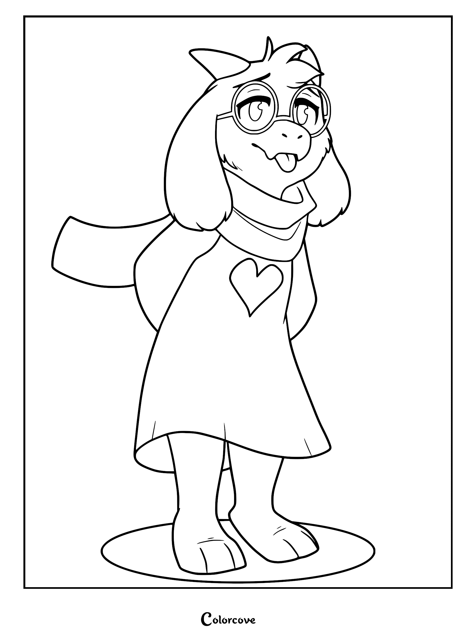 A printable coloring page featuring Ralsei from Deltarune wearing his signature glasses, scarf, and heart-patterned robe with a playful expression.