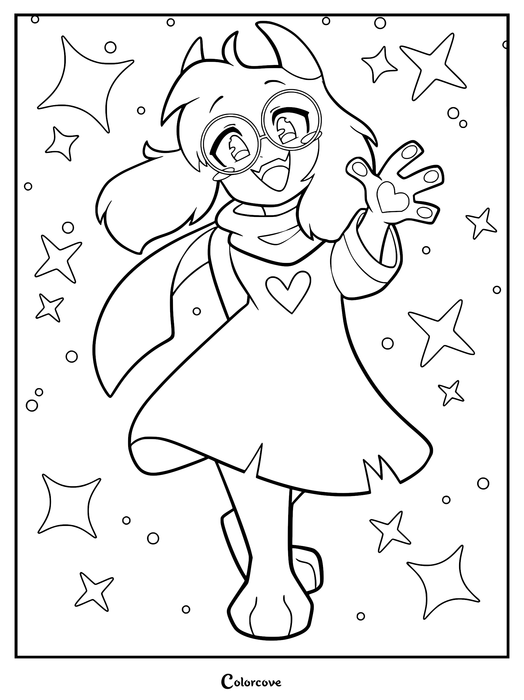 Ralsei from Deltarune wearing round glasses and a robe with a heart emblem, waving happily amidst floating stars in this printable coloring page.