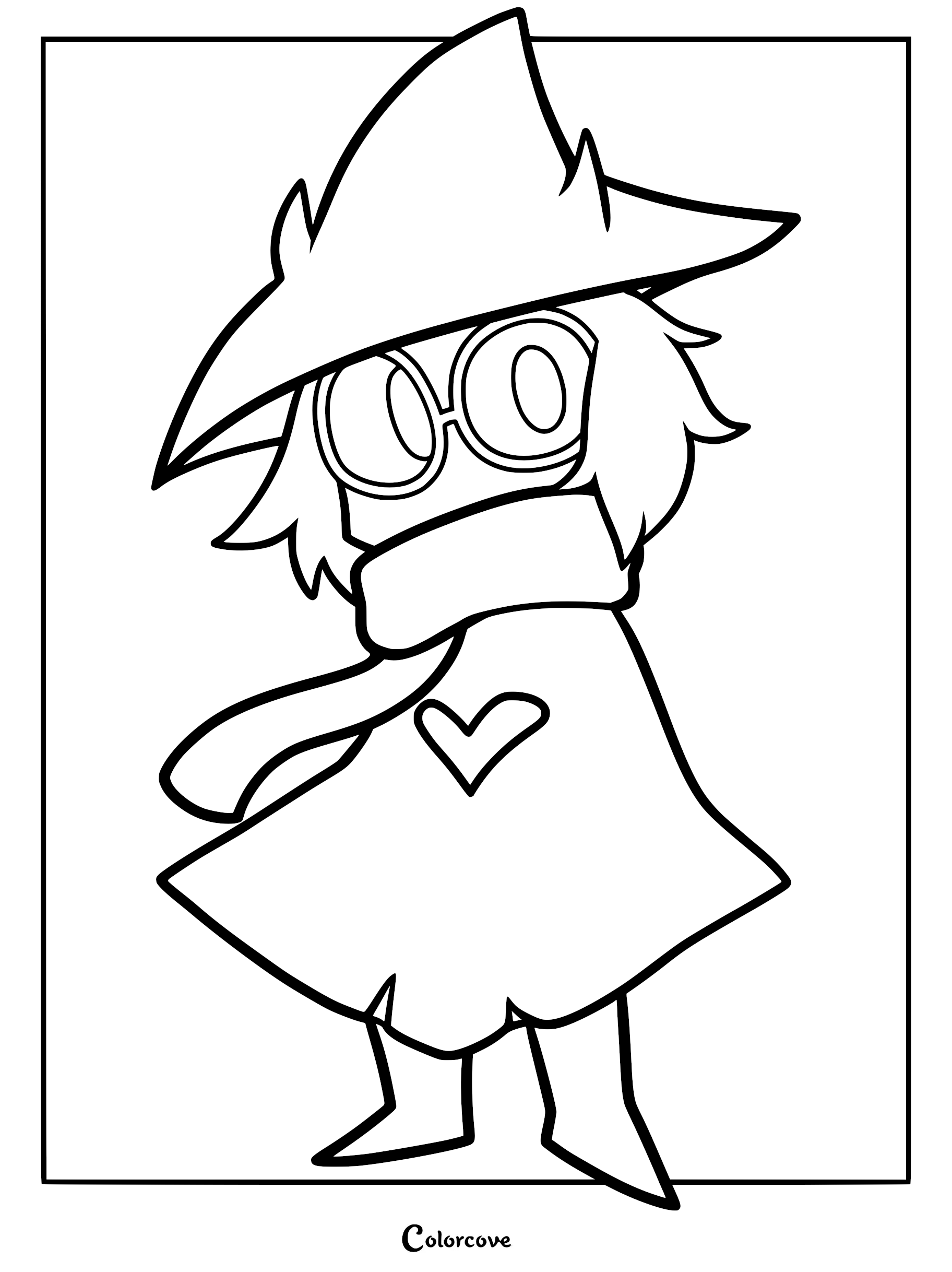 A printable coloring page featuring Ralsei from Deltarune wearing his signature wizard hat, round glasses, and a scarf with a heart emblem on his robe.