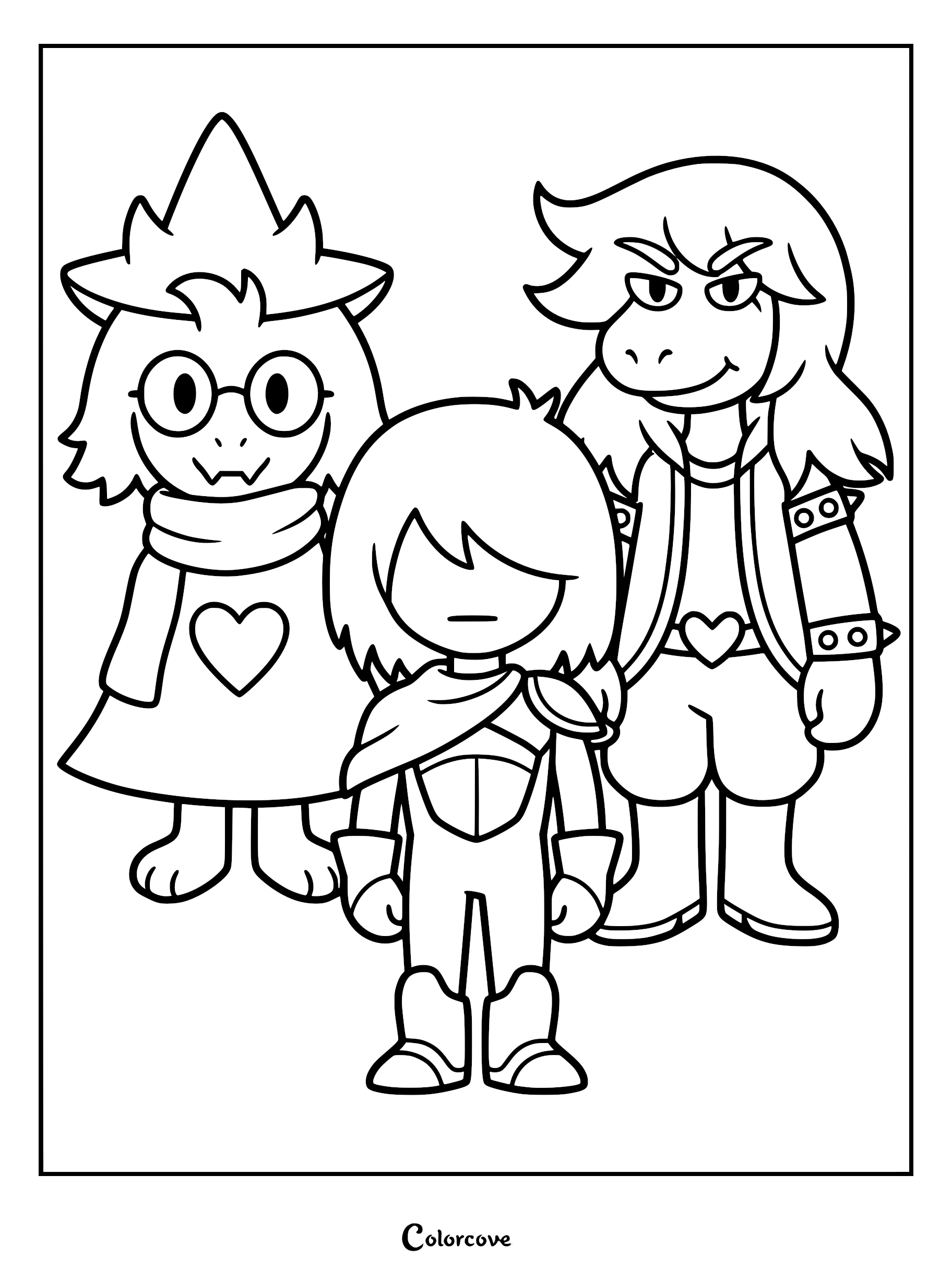 A printable coloring page featuring Ralsei, Kris, and Susie standing together in their Dark World outfits.