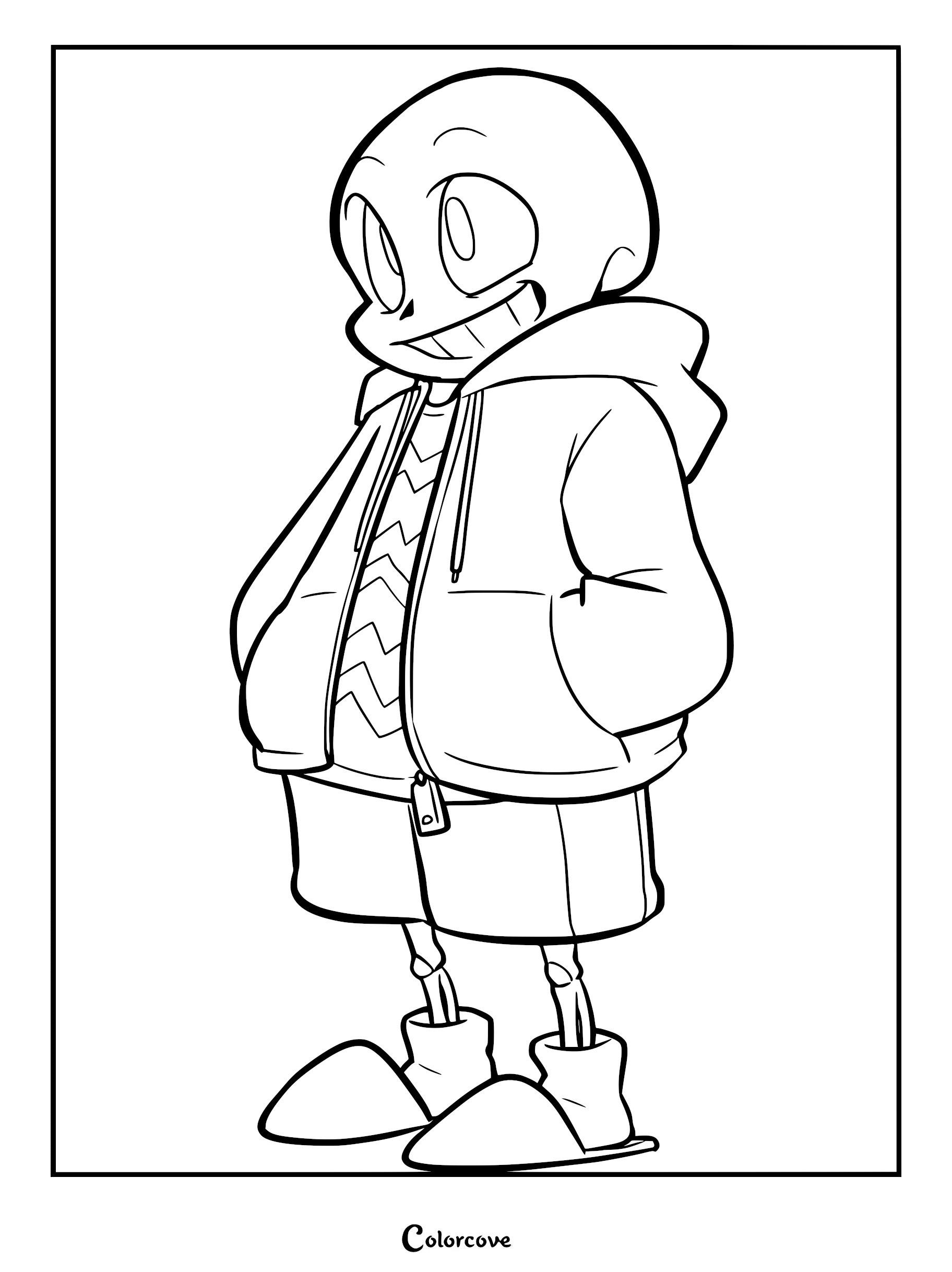 A detailed coloring page of Sans from Undertale, showing the skeleton character wearing his signature hoodie with hands in his pockets.