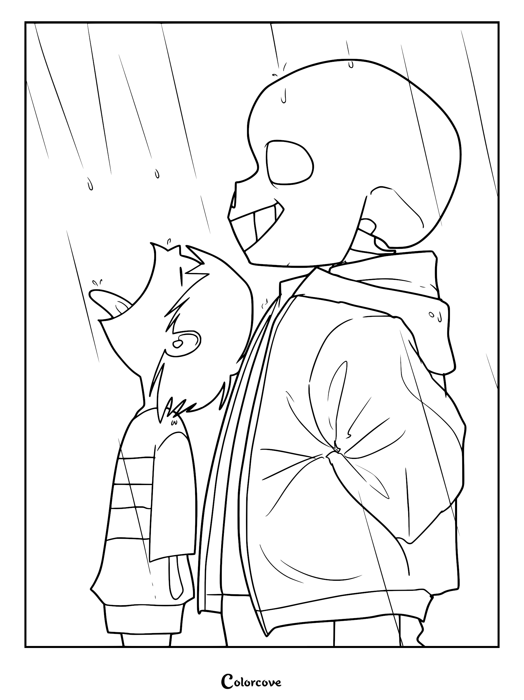A printable coloring page featuring Sans and Frisk standing together while looking up at the falling rain with their mouths open.