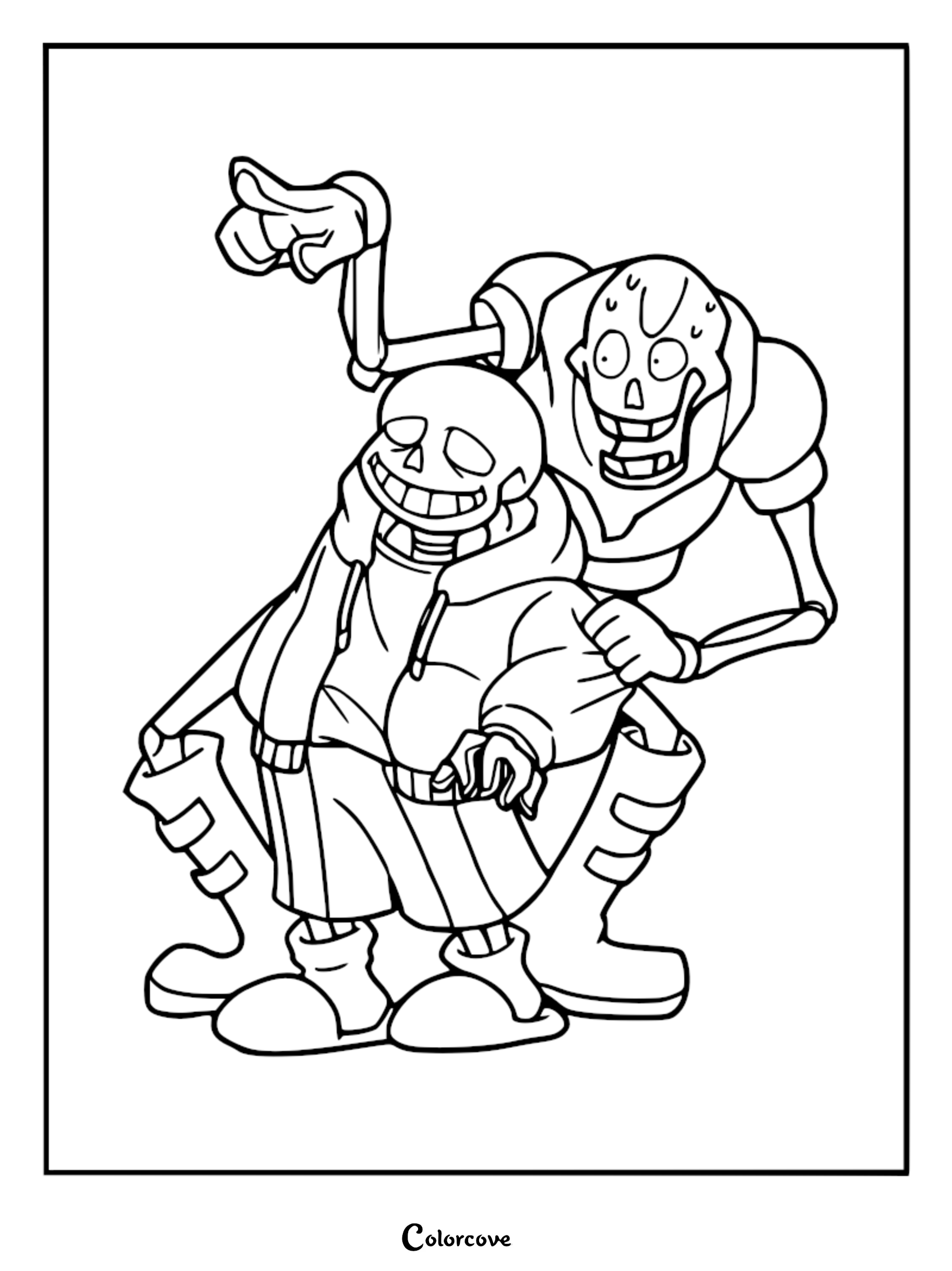 A printable coloring page featuring the skeleton brothers Sans and Papyrus, with Papyrus pointing upward while standing behind a relaxed Sans.