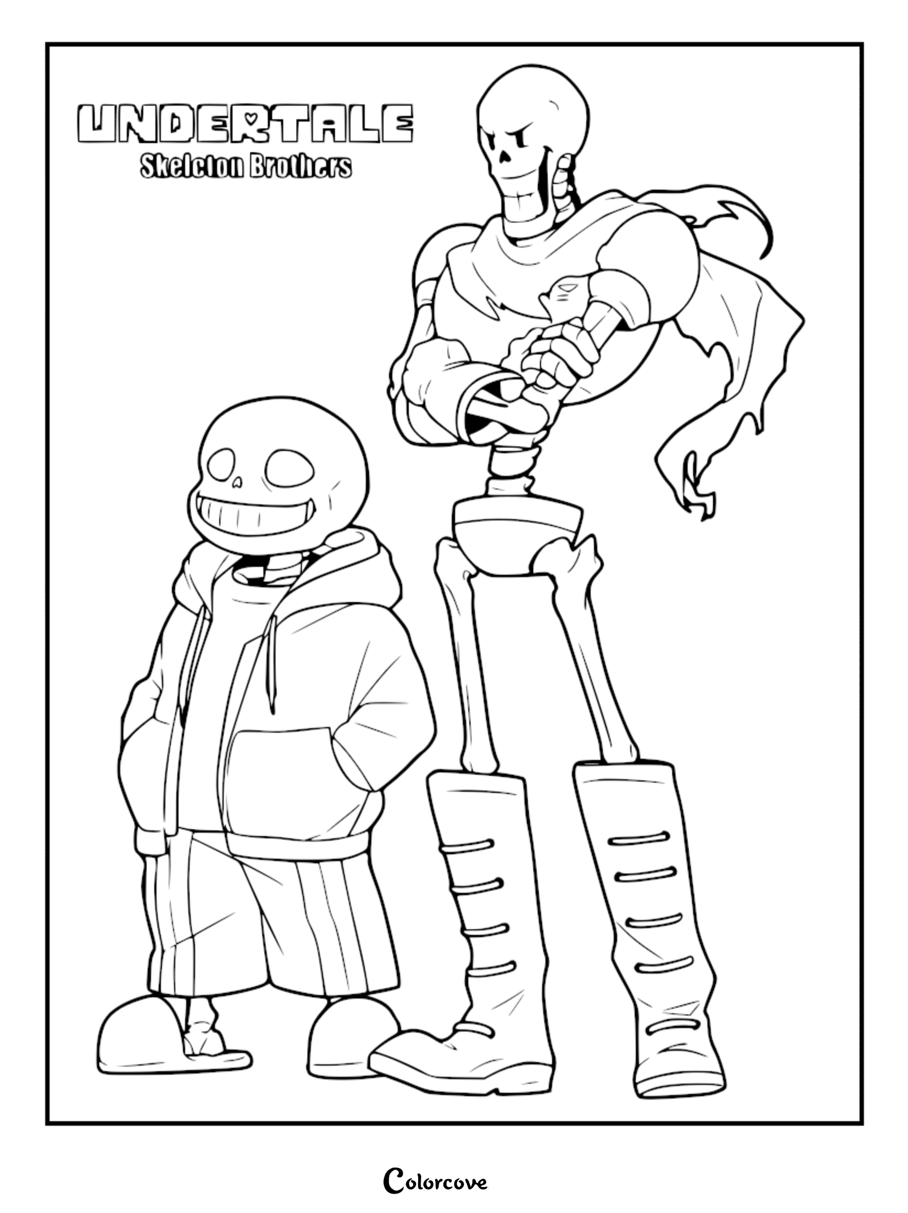 A printable coloring page featuring the skeleton brothers Sans and Papyrus from Undertale standing side by side.