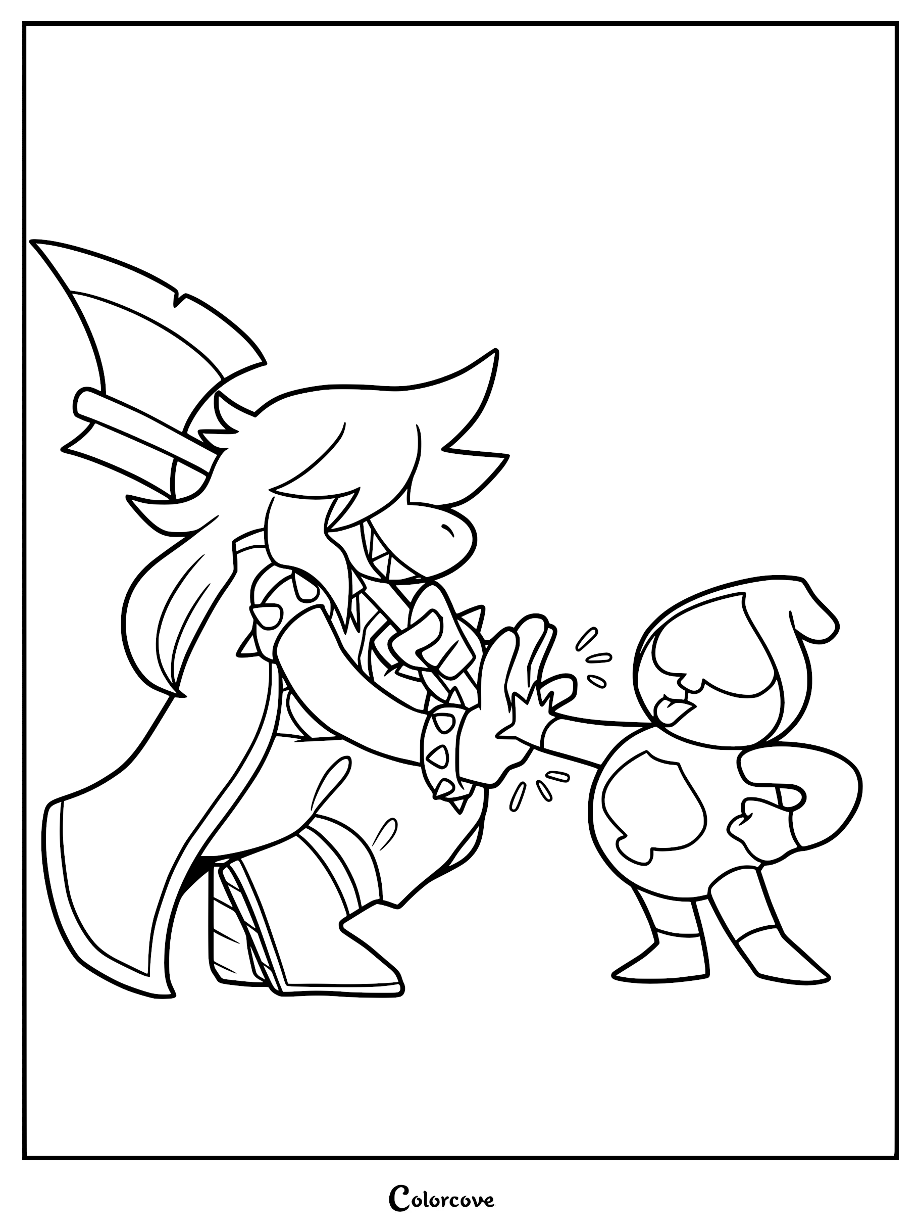 Deltarune coloring page featuring Susie with her axe and Lancer giving a high five.