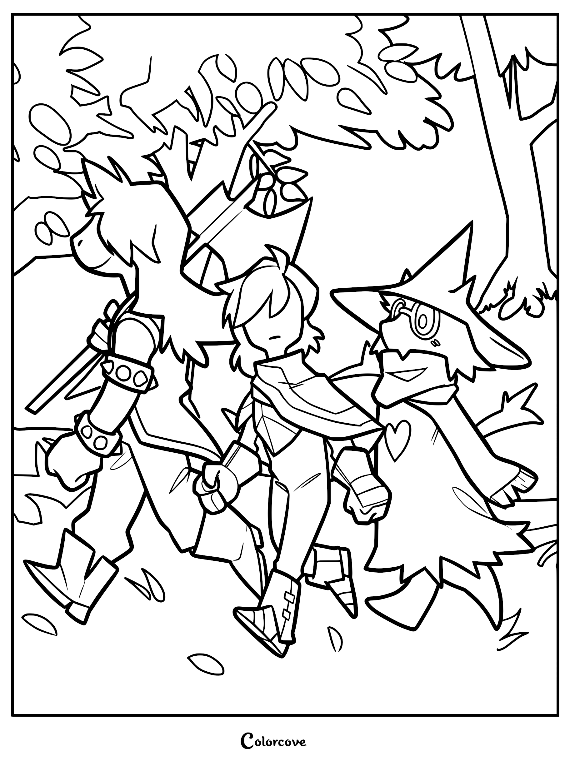 A printable coloring page featuring Susie, Kris, and Ralsei walking through a forest path in the Dark World.