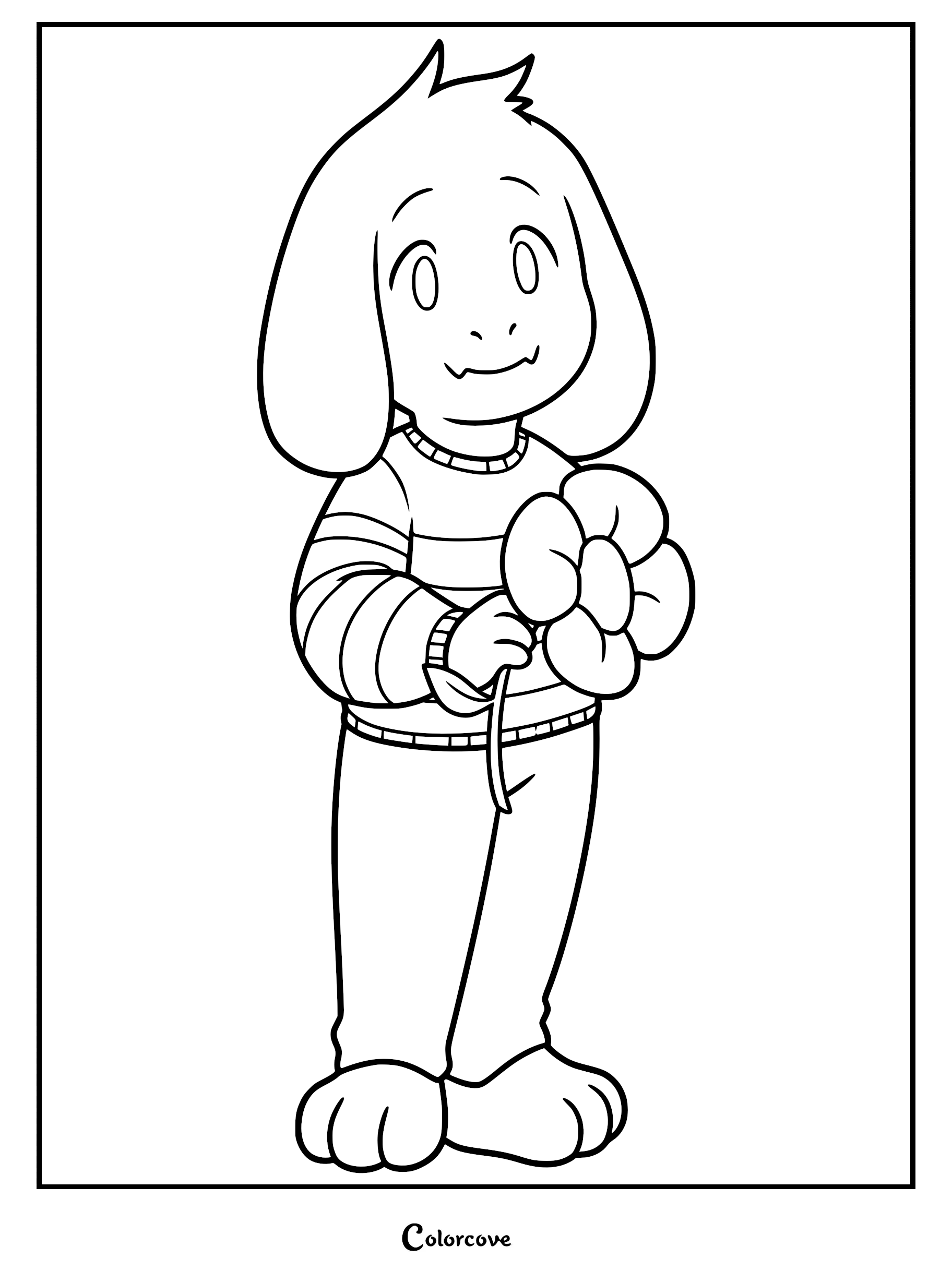 Asriel Dreemurr holding a flower in this printable coloring page line art.