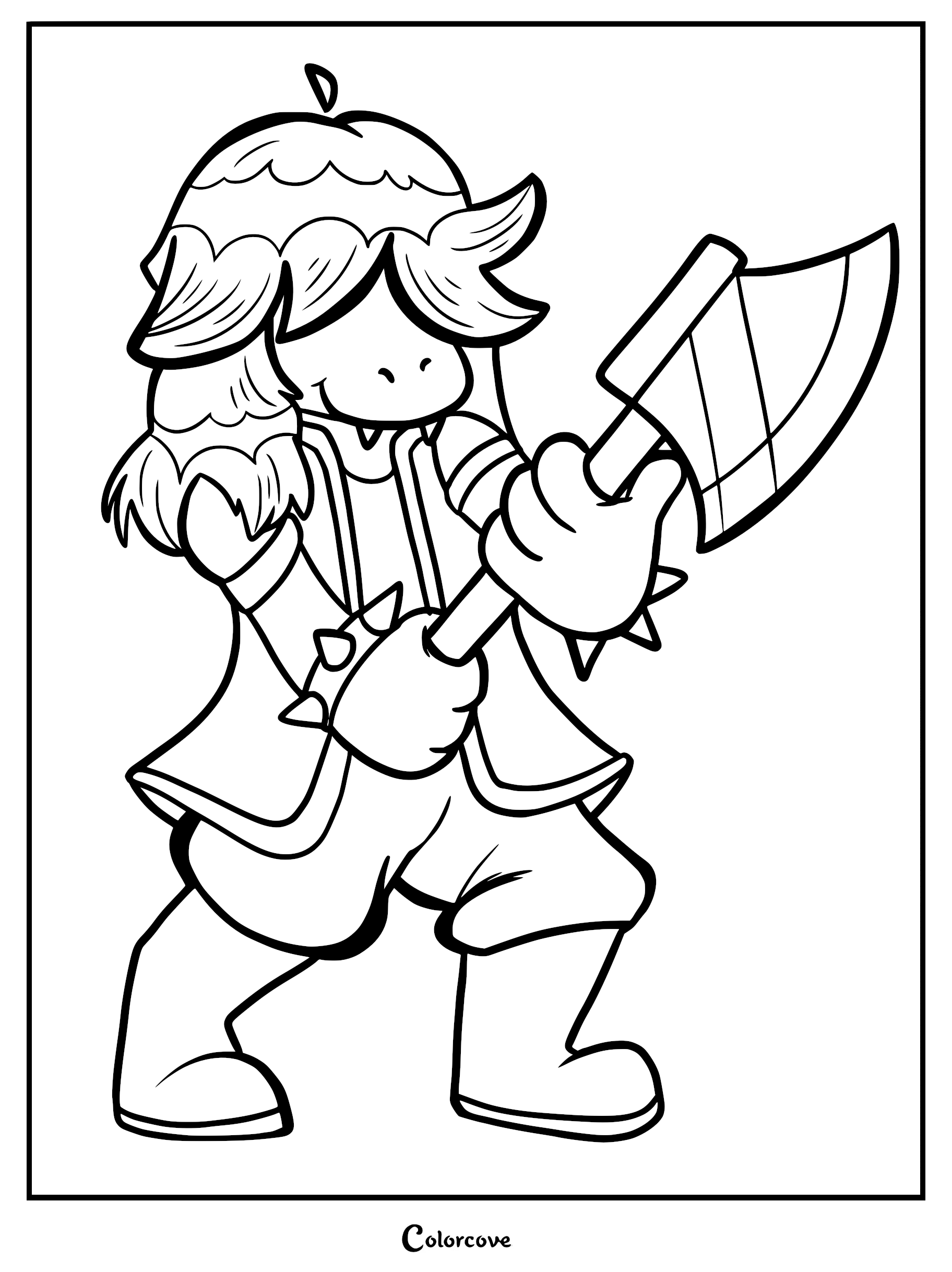 Susie from Deltarune holding her signature battle axe in a dynamic pose, presented as a clean line art coloring page.