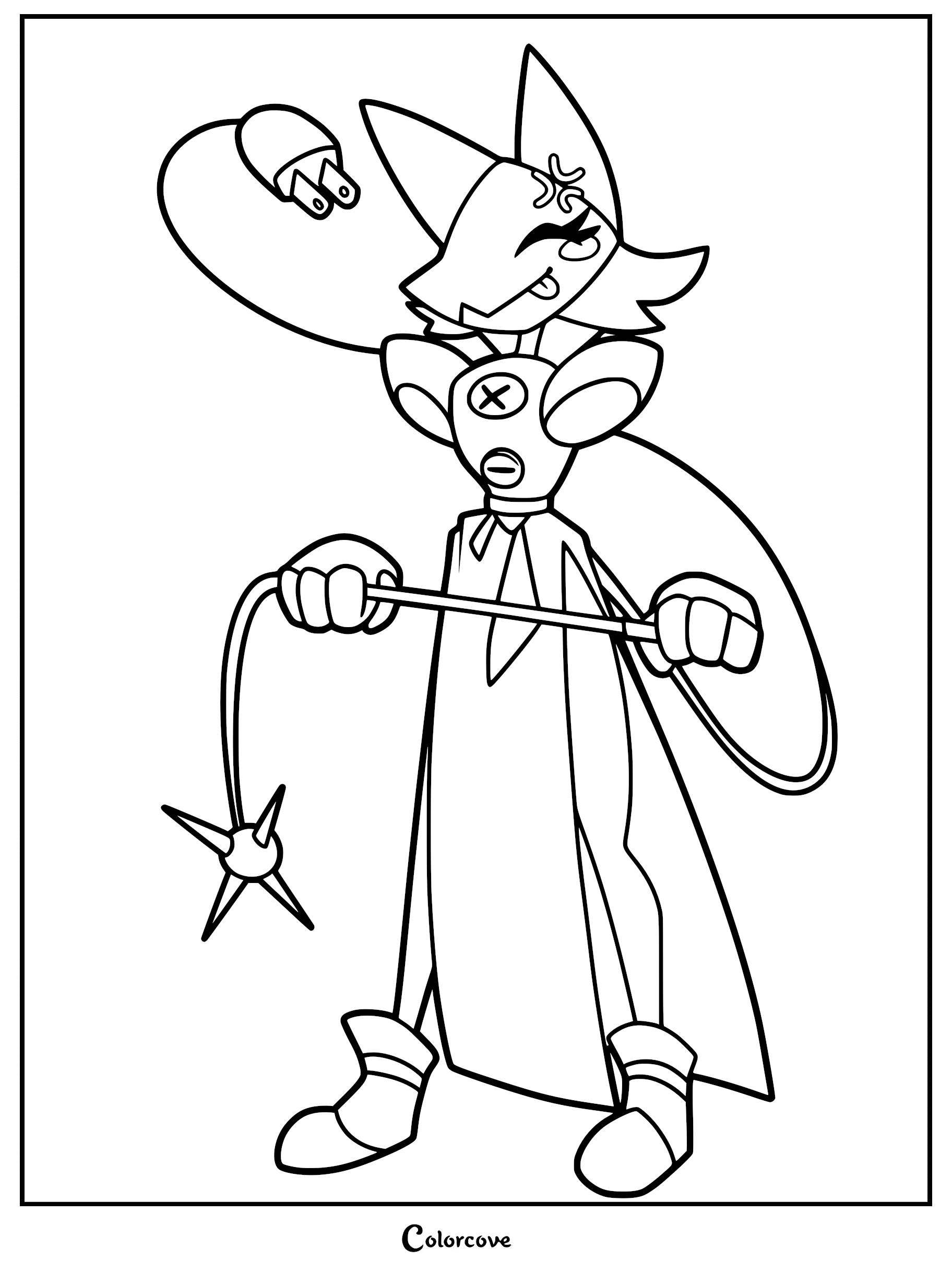 Tasque Manager from Deltarune holding a whip in this printable coloring page, featuring her signature cat-like features and electrical plug tail.
