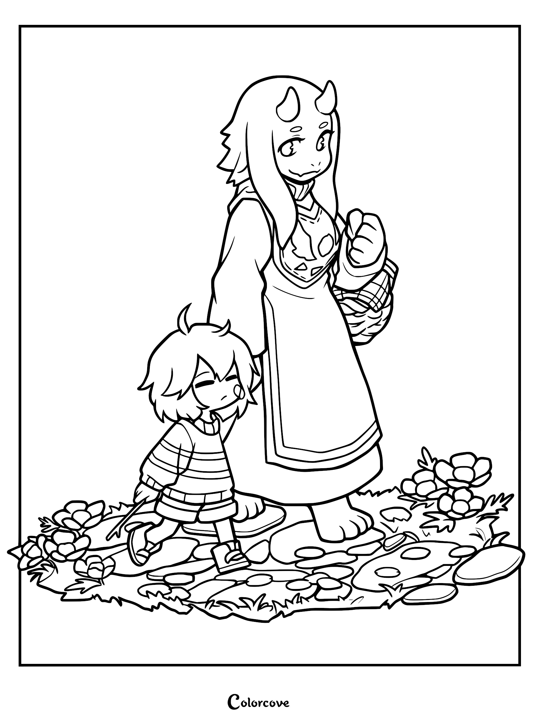 Toriel and Frisk walking through a flower-filled path in this Undertale coloring page.