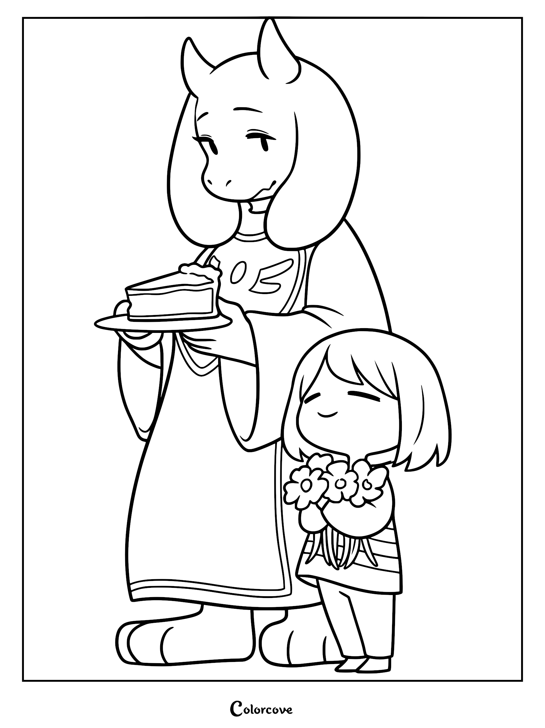 Toriel holding a slice of pie while Frisk stands beside her holding a bouquet of flowers in this Undertale coloring page.