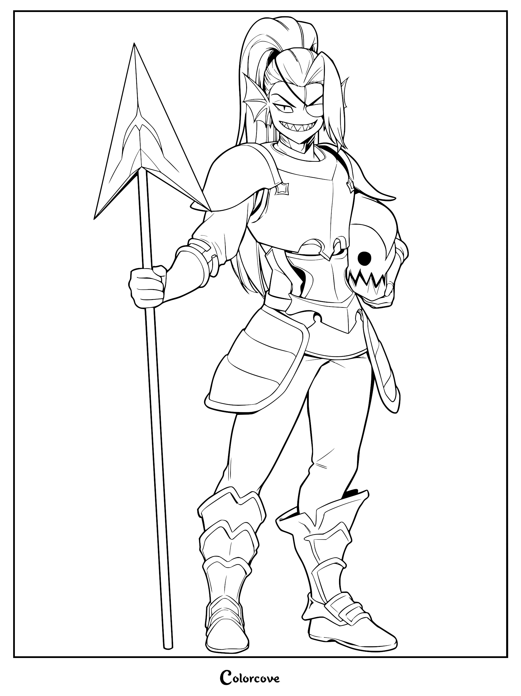 Undyne from Undertale in full armor holding her signature spear and helmet, detailed line art coloring page.
