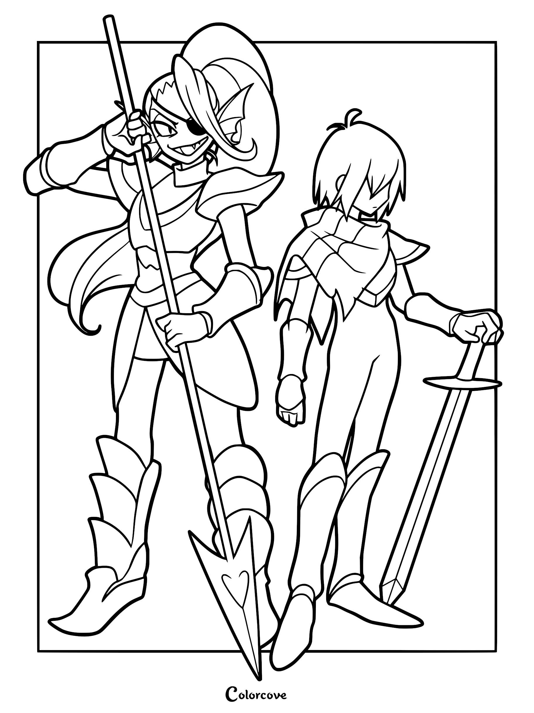 Undyne holding her spear and Kris holding a sword in this printable coloring page.