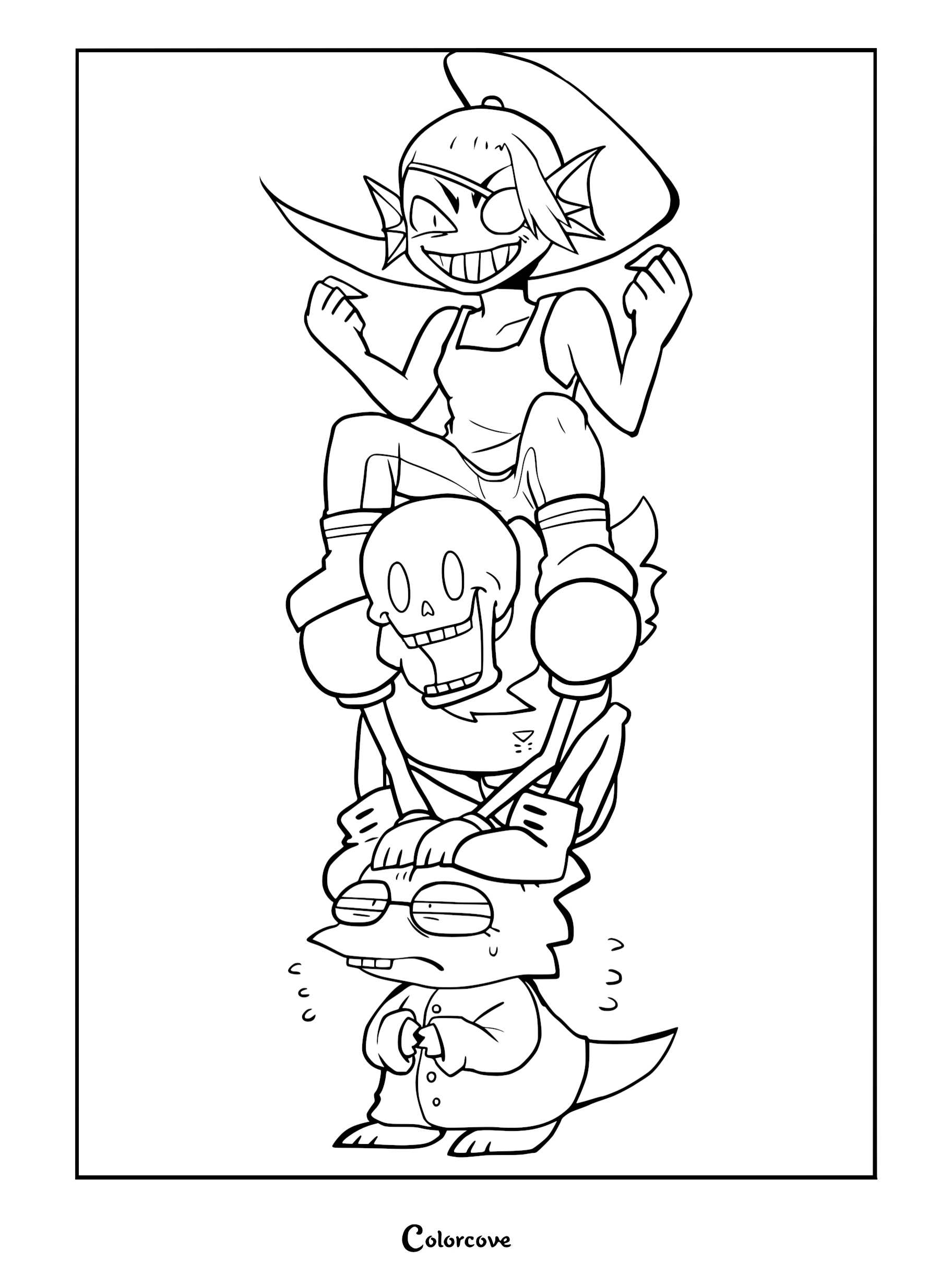 Undyne sitting on top of Papyrus, who is standing on top of Alphys in this Undertale character stack coloring page.