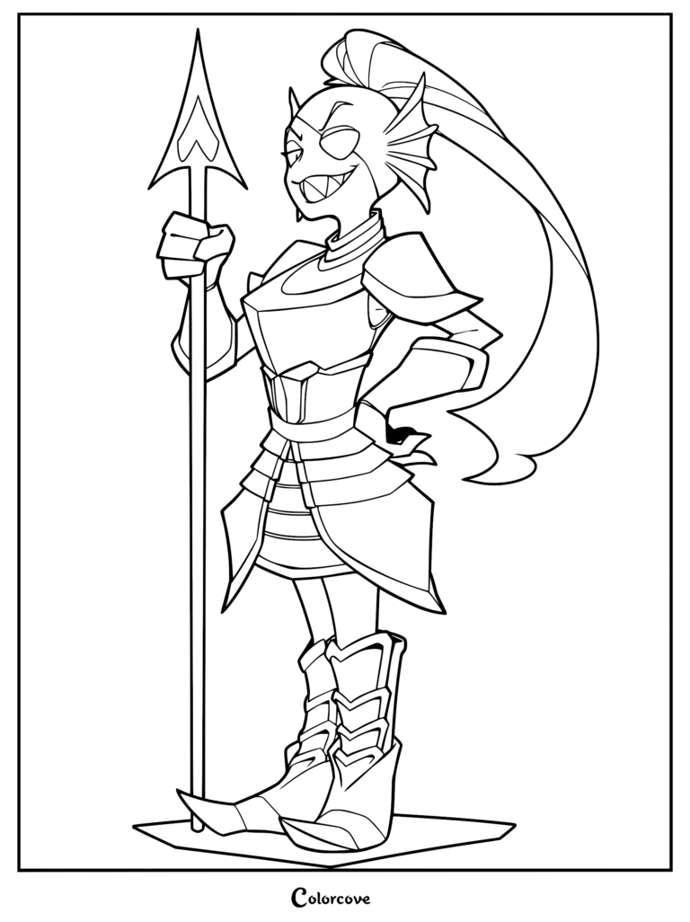 Undyne standing in full Royal Guard armor holding a spear, featured in this printable Undertale coloring page.