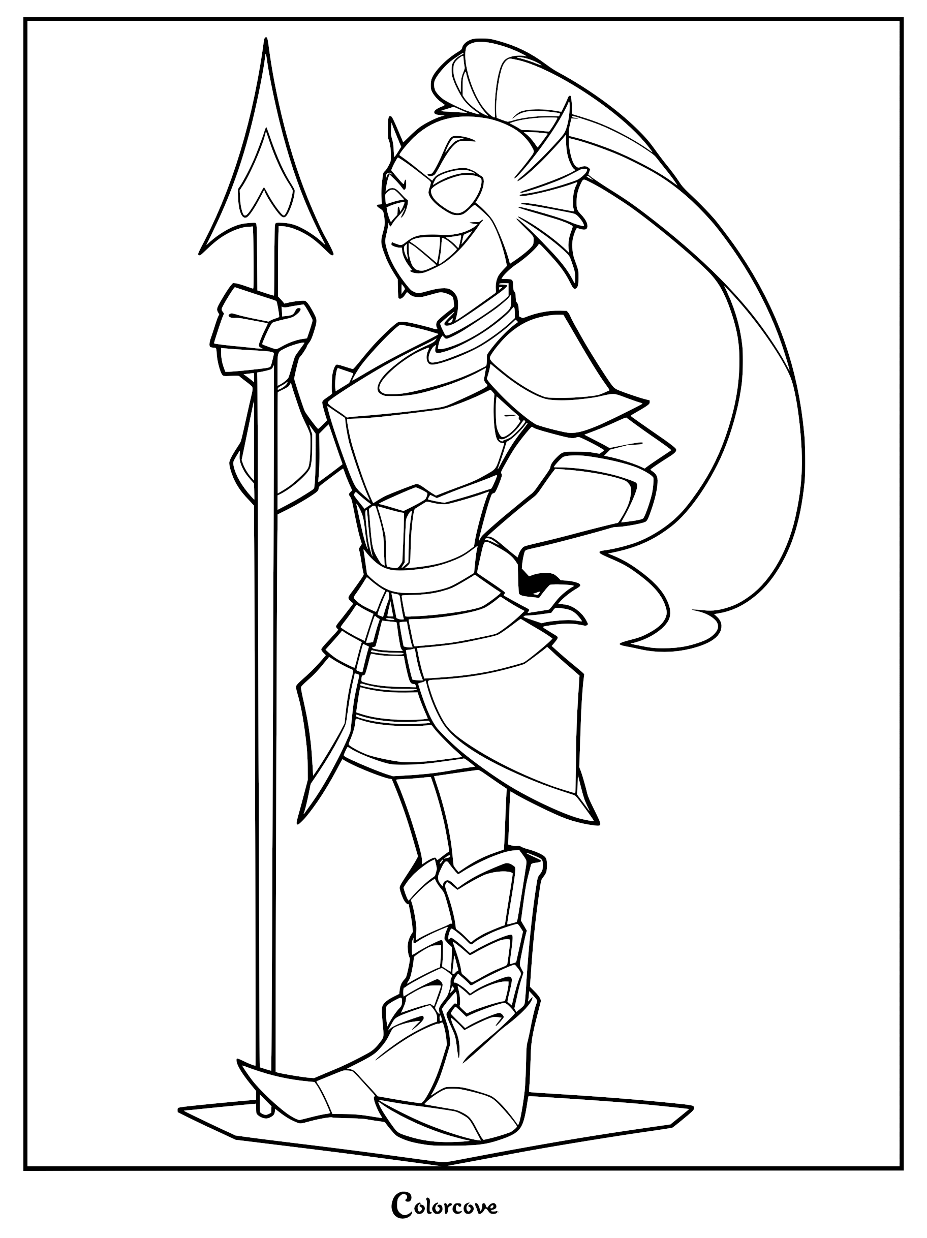 Undyne standing in full Royal Guard armor holding a spear, featured in this printable Undertale coloring page.
