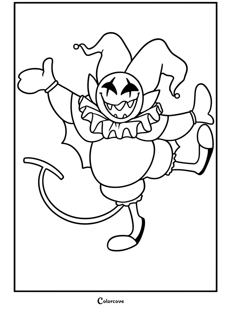 Jevil coloring page from Undertale And Deltarune featuring the chaotic jester character dancing gleefully