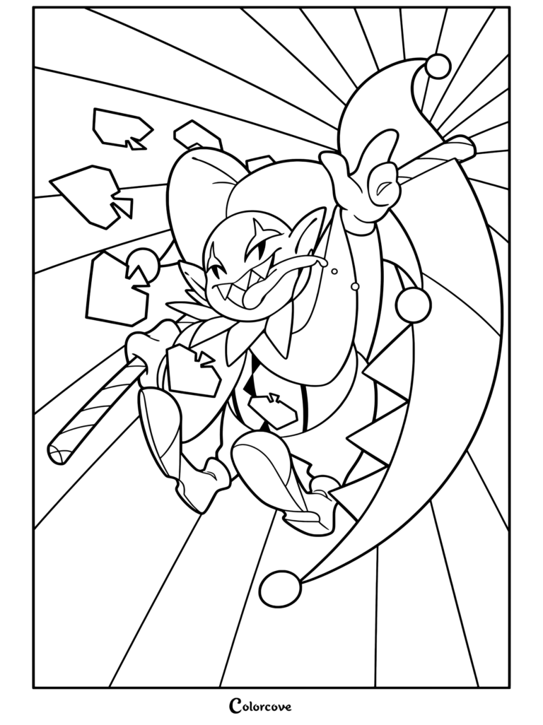 Jevil coloring page featuring the chaotic jester from Deltarune laughing wildly amidst spinning cards.