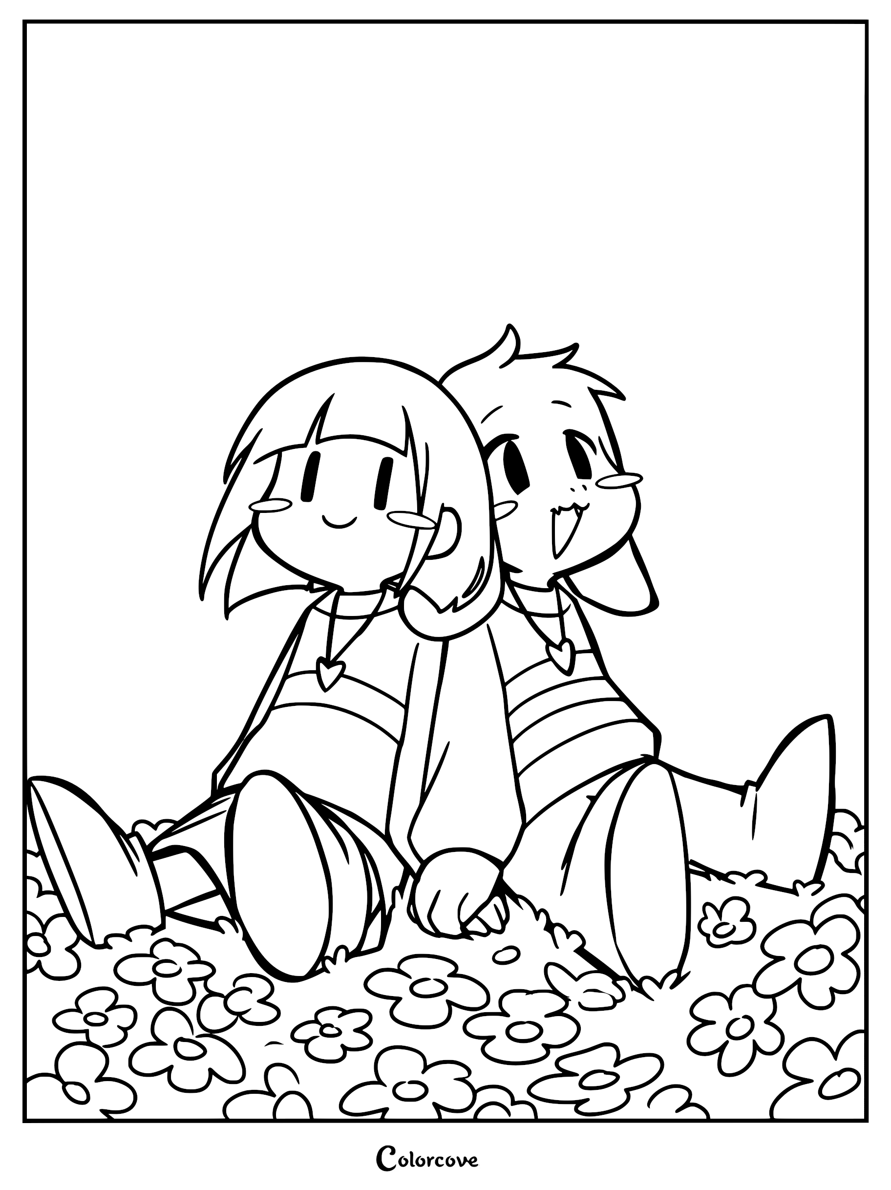 Chara and Asriel sitting back-to-back in a field of flowers in this printable coloring page.