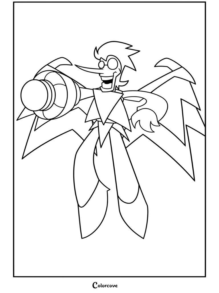 Undertale And Deltarune coloring page featuring Spamton NEO posing with his large arm cannon and wings.