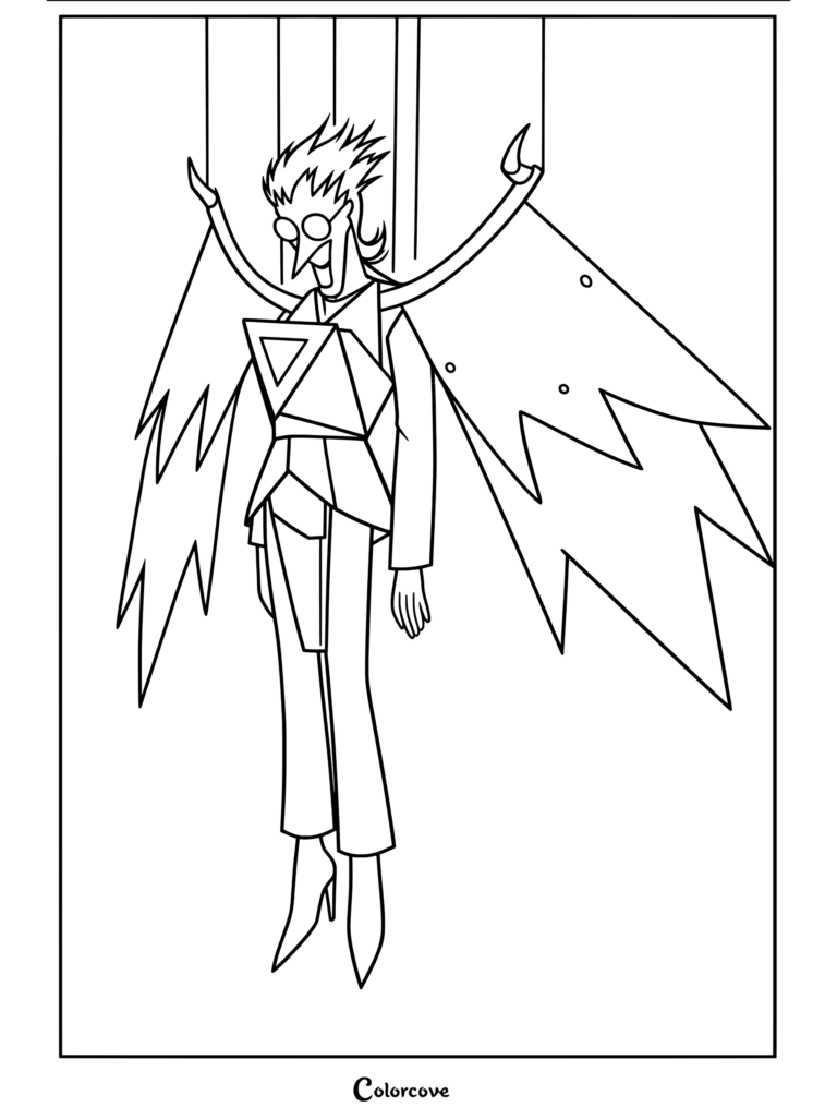 Spamton NEO coloring page from Undertale And Deltarune, showing the puppet boss with wings and glasses.