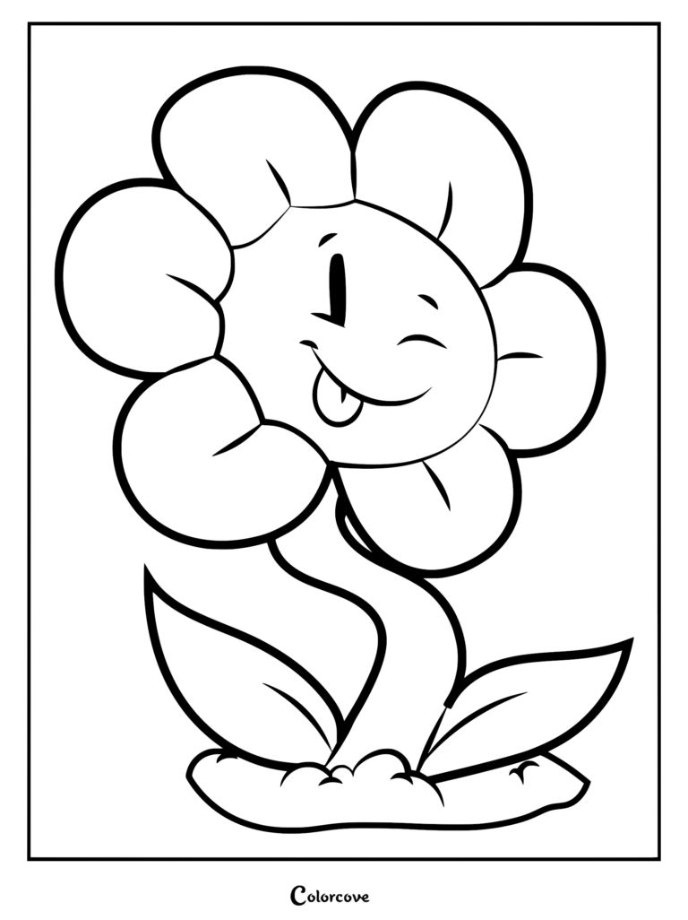 A printable coloring page featuring Flowey from Undertale with a playful winking expression and tongue sticking out.
