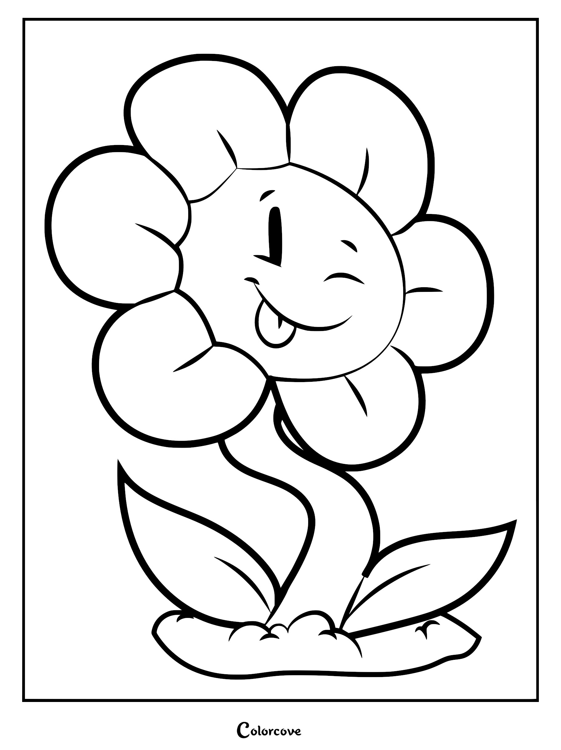 A printable coloring page featuring Flowey from Undertale with a playful winking expression and tongue sticking out.