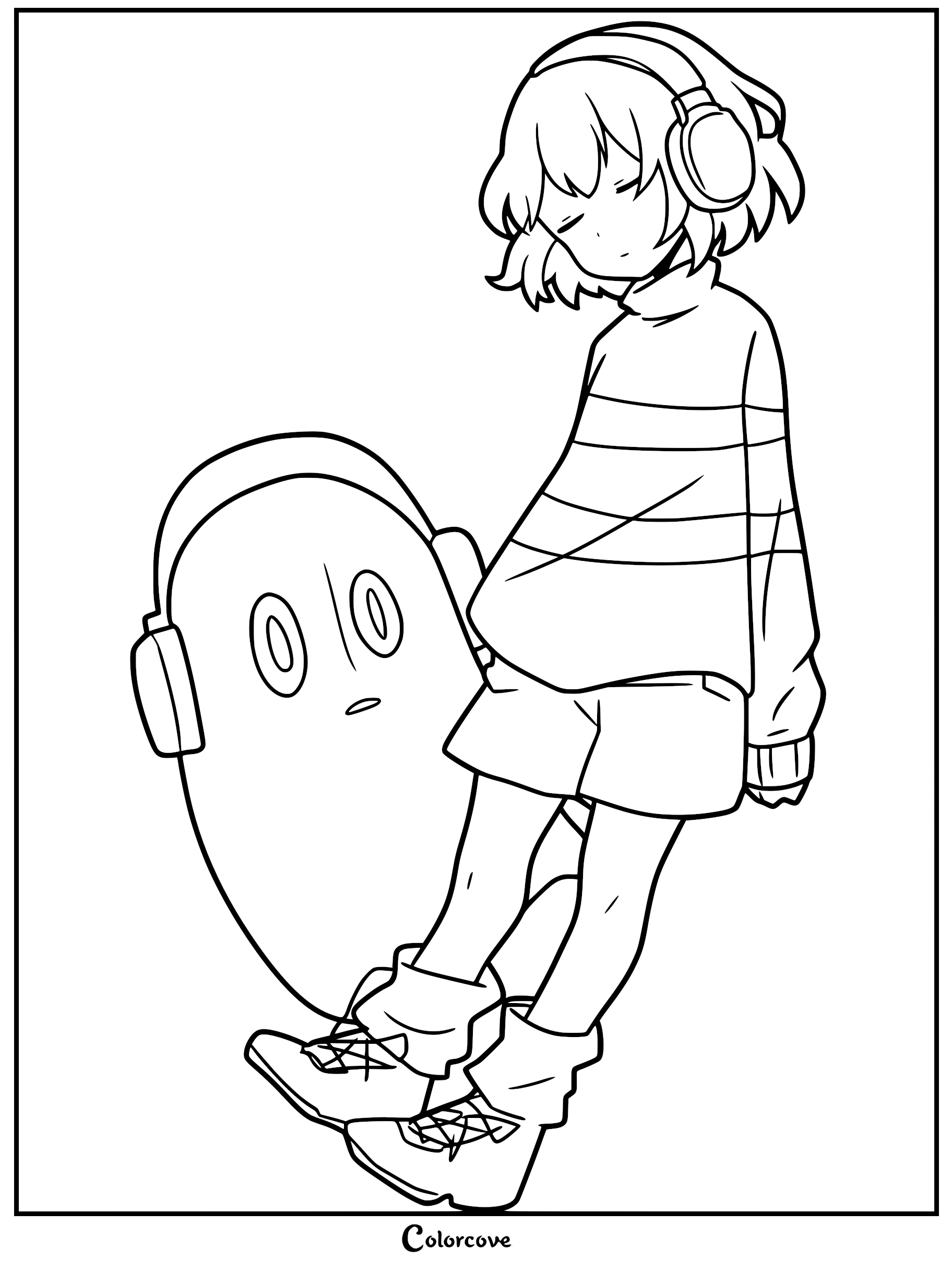 Frisk wearing headphones standing next to the ghost Napstablook in this Undertale coloring page.