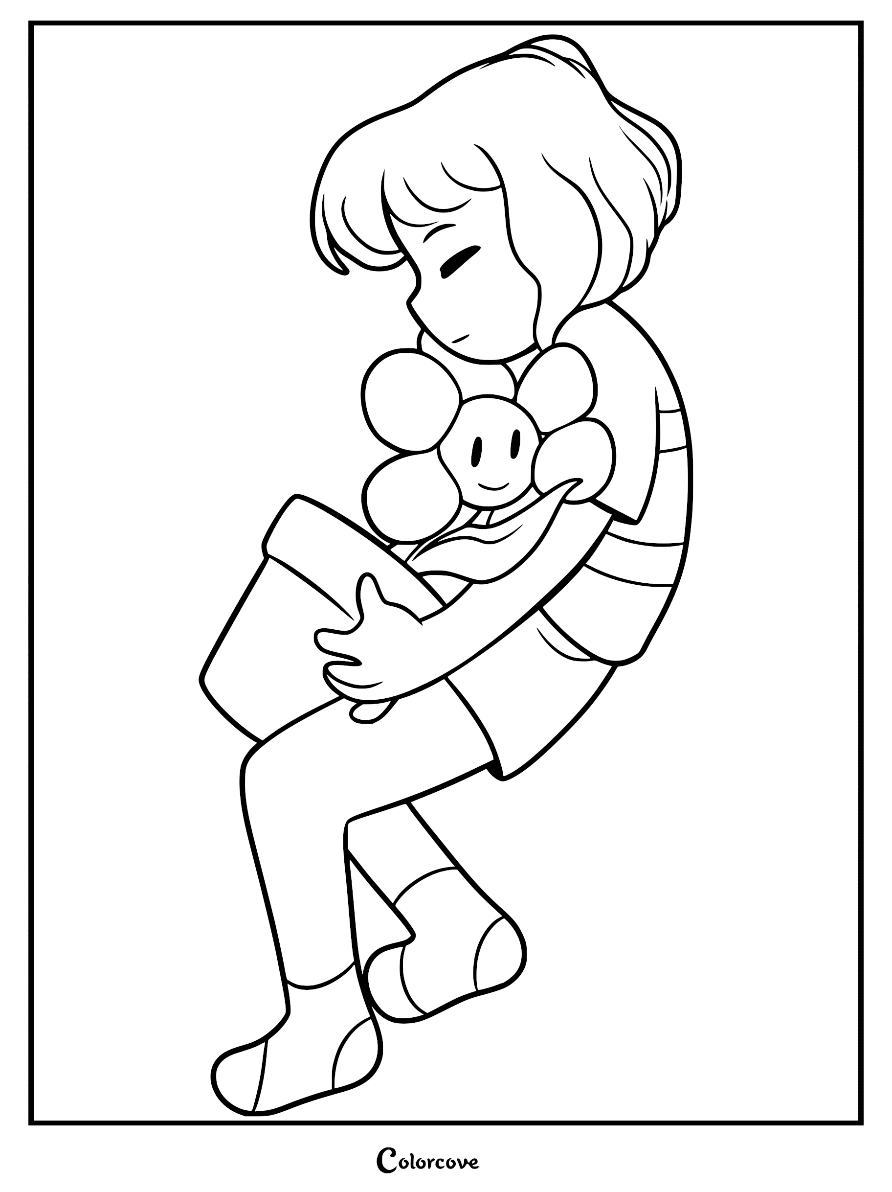 A printable coloring page featuring Frisk gently cradling a potted Flowey in their arms with a peaceful expression.