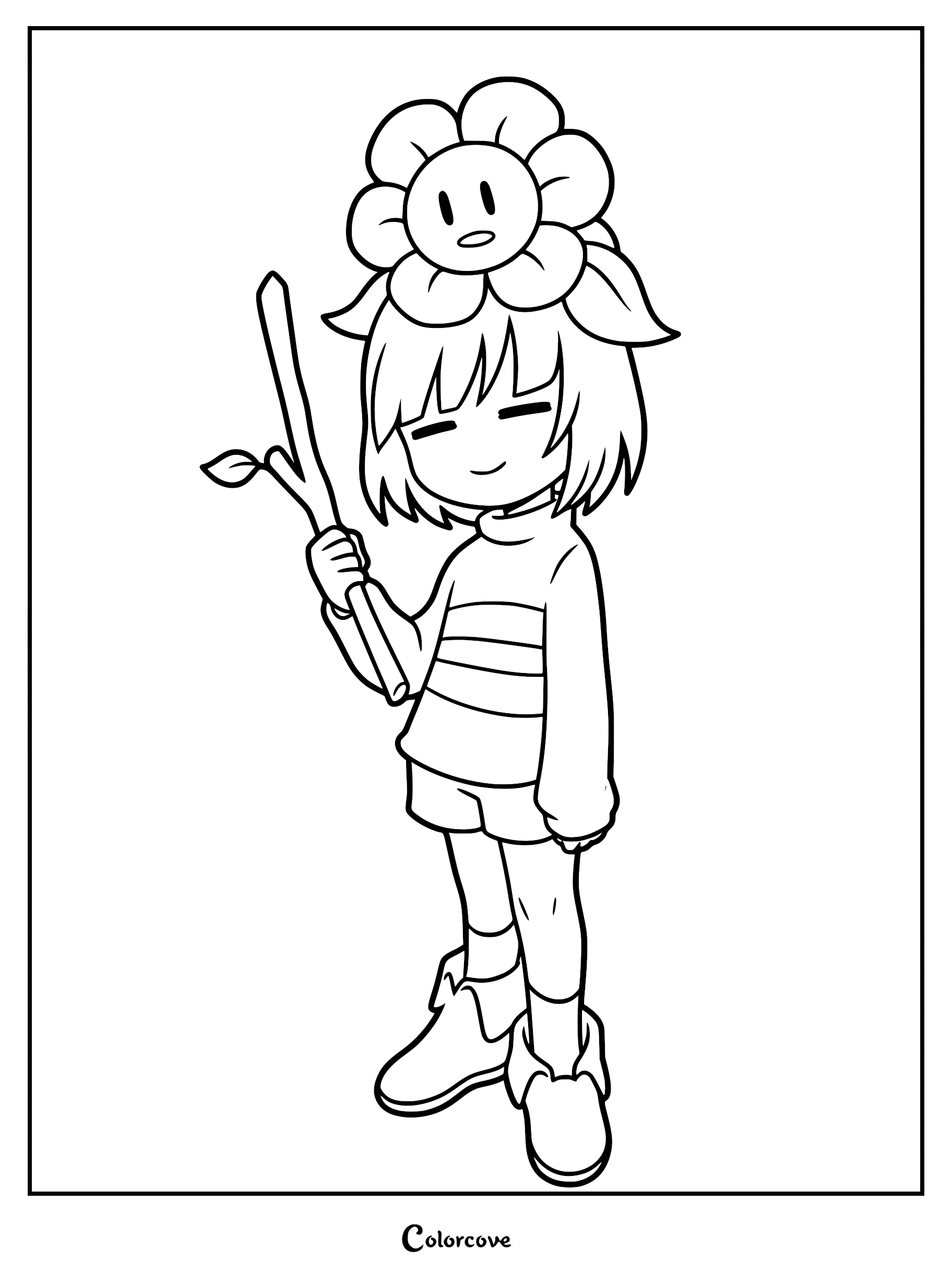 Frisk holding a stick with Flowey resting on their head in this Undertale coloring page.