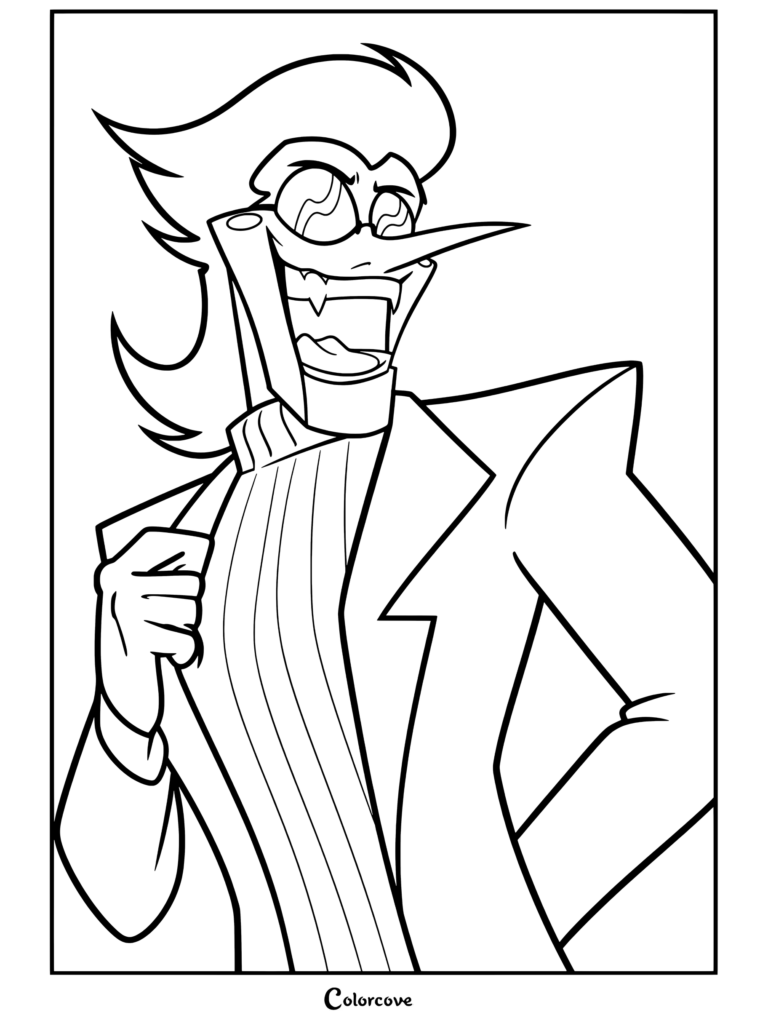 Undertale And Deltarune coloring page featuring humanized Spamton G. Spamton wearing a black suit and a white turtleneck with a wide grin