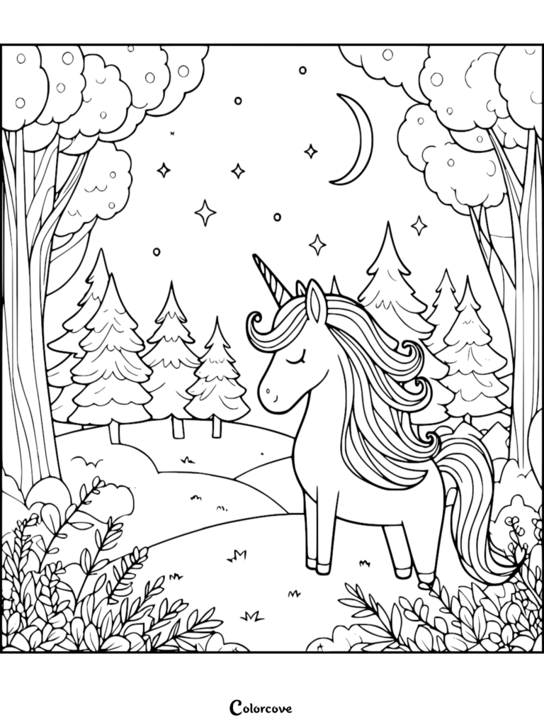Cute unicorn standing in a magical forest at night under a crescent moon and stars, printable coloring page.