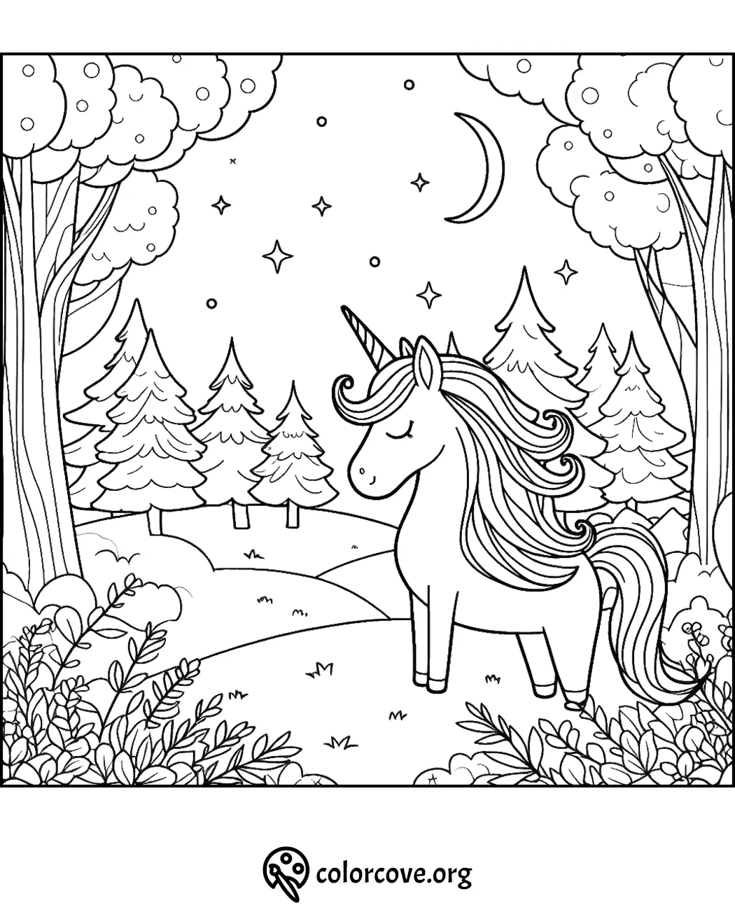 Unicorn in a forest with stars and moon night sky coloring page for kids and adults - free printable at colorcove.org