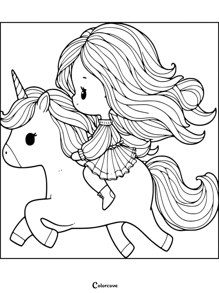 A cute girl with long flowing hair riding a unicorn in this free printable coloring page.