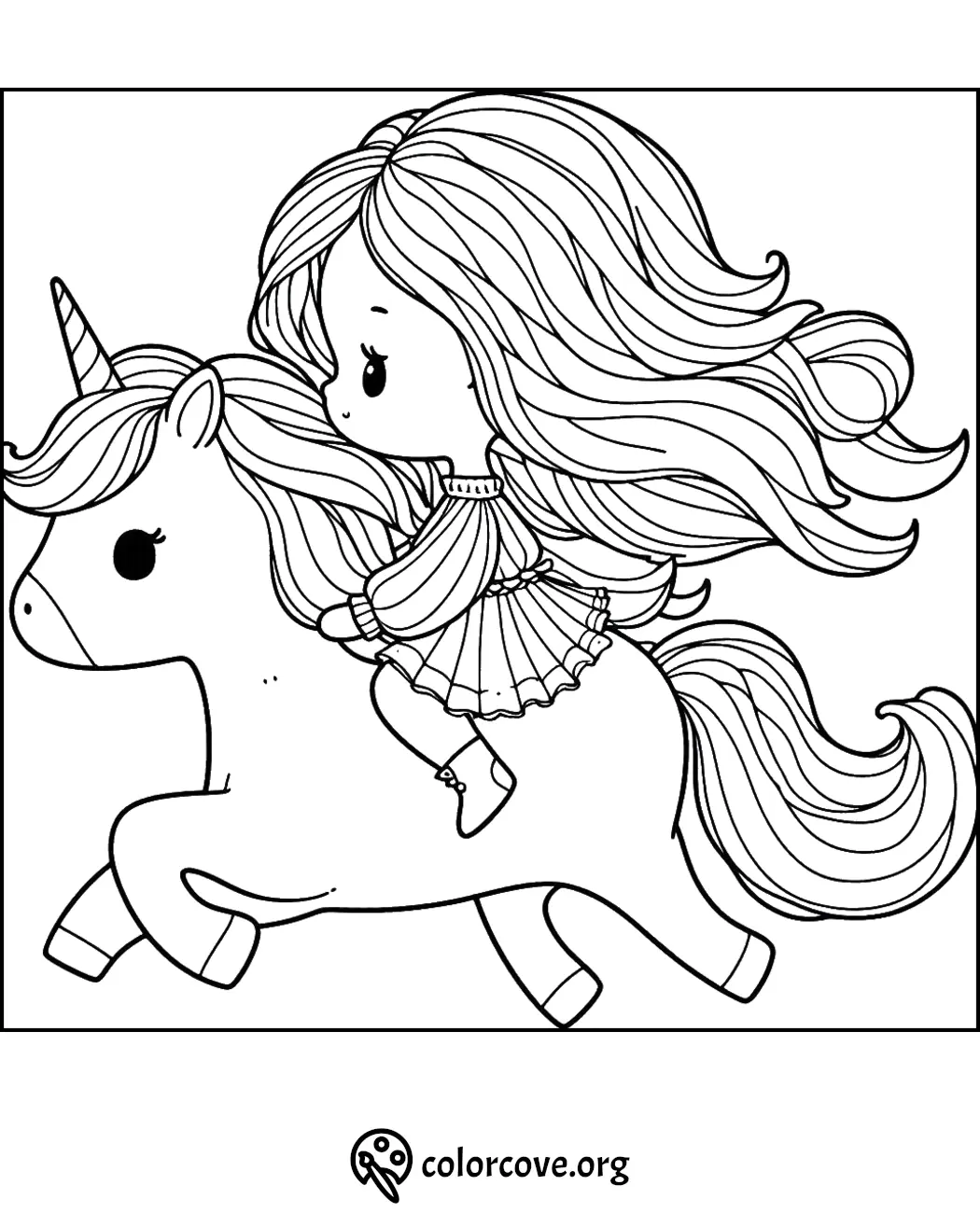 Cute coloring page of a girl riding a unicorn with flowing hair; perfect for children's creative activities.