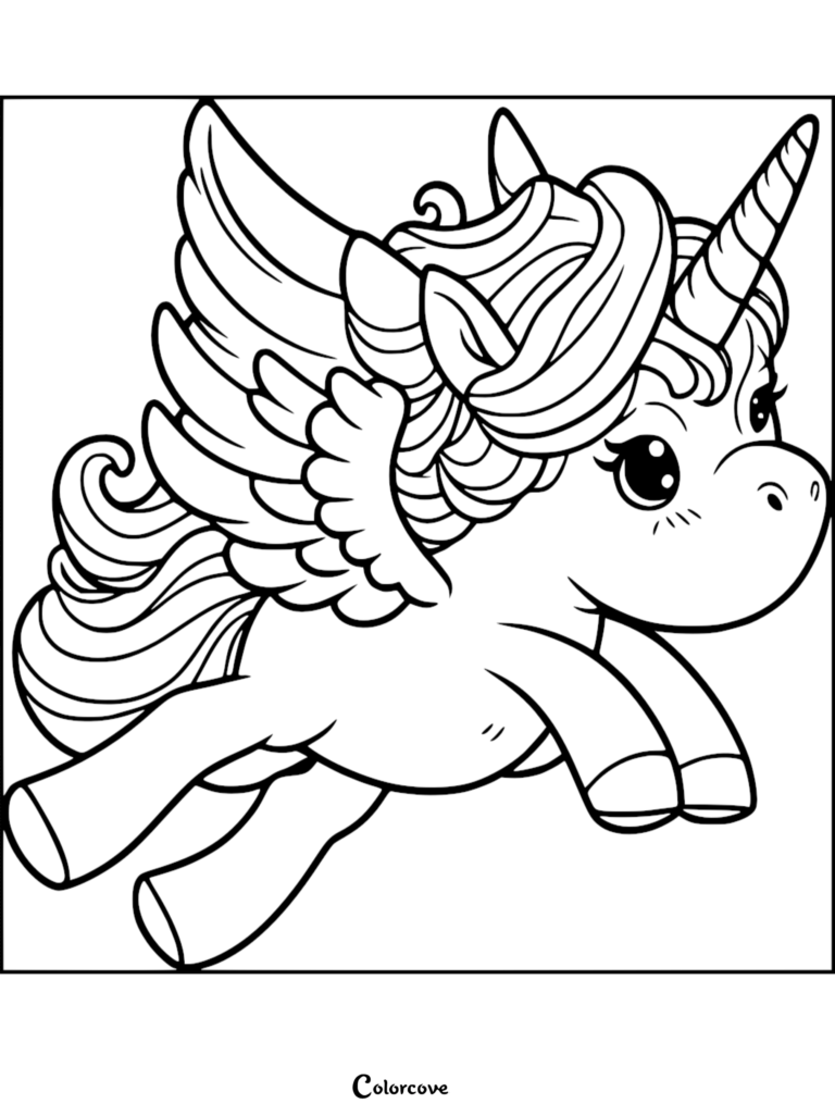 A cute winged unicorn flying with a flowing mane in this free printable coloring page.