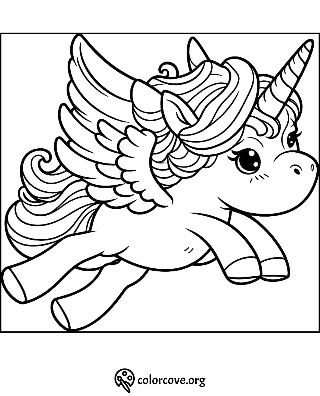 Coloring page of a cute, flying unicorn with wings and a flowing mane, ready to be colored by kids.