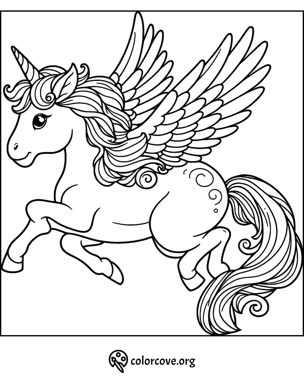 Printable coloring page of a happy flying unicorn with wings and curly mane for kids to color and enjoy