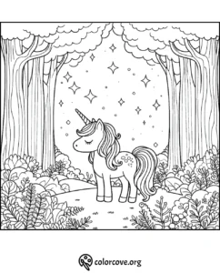 Unicorn coloring page for kids with enchanting forest background and sparkling stars. Printable activity for creative fun.