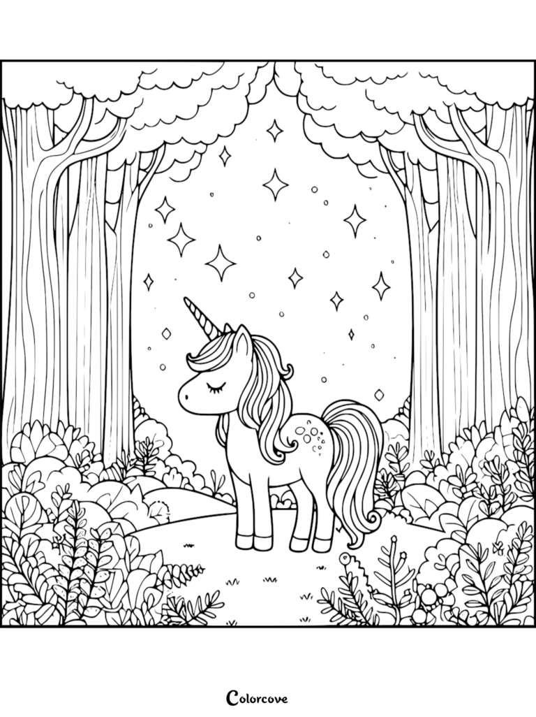 A cute unicorn standing in a magical forest with sparkling stars, printable coloring page.