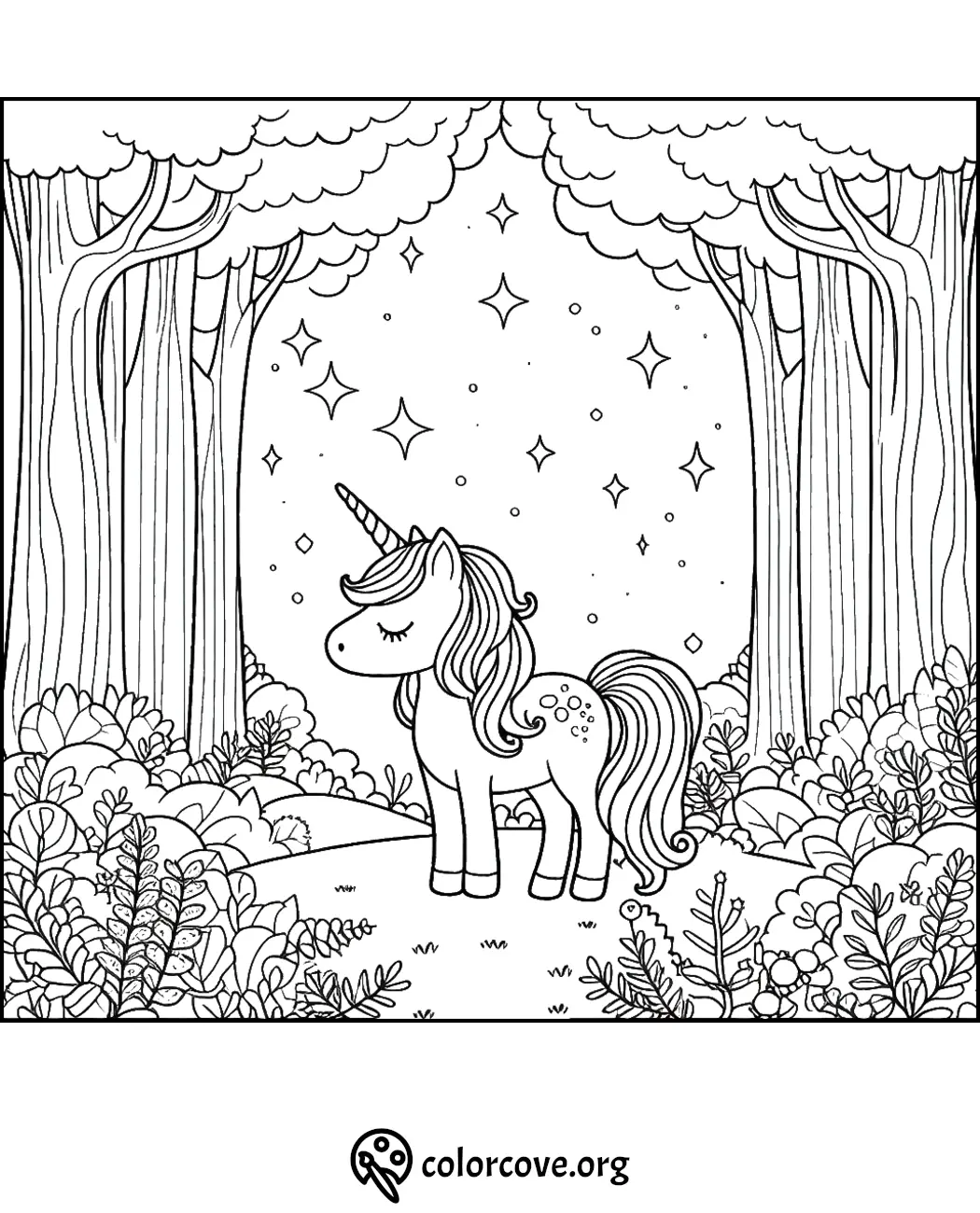 Unicorn coloring page for kids with enchanting forest background and sparkling stars. Printable activity for creative fun.